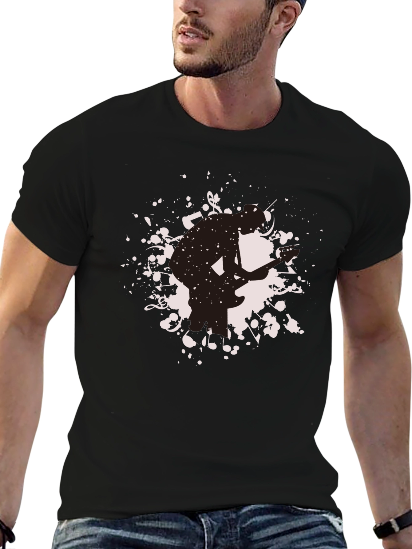 Mens Black Graphic T-Shirt - Guitarist Silhouette