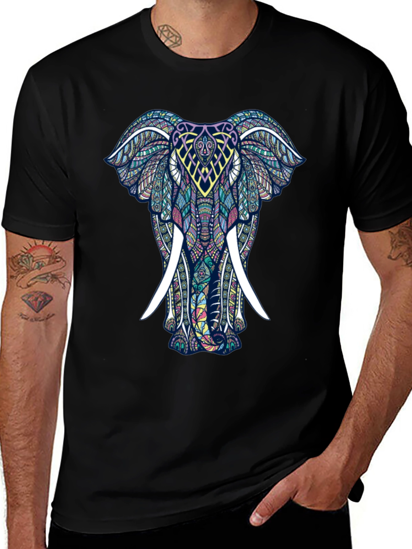 Mens Black T-Shirt with Elephant Graphic Print