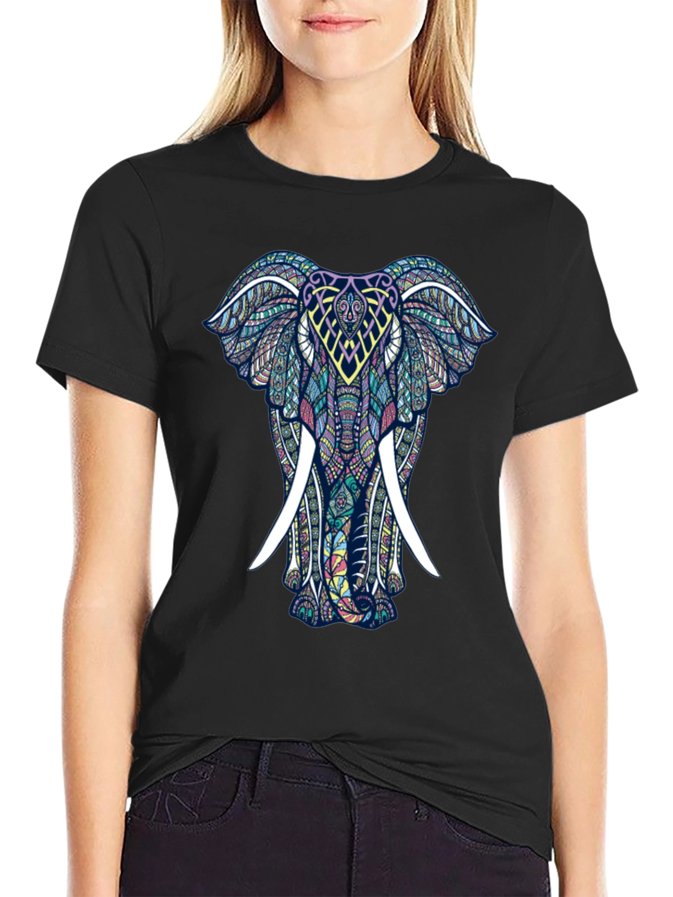 Mens Black T-Shirt with Elephant Graphic Print