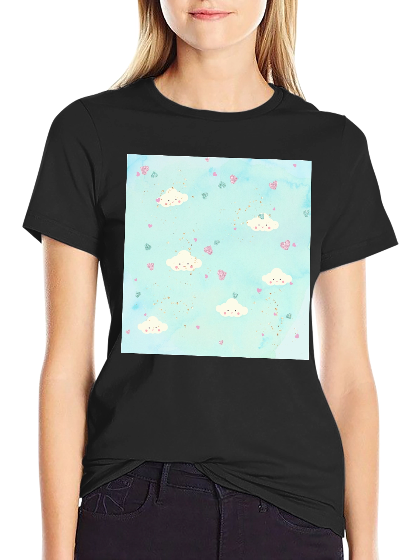 Cloud Heart Pattern Tee - Fun Stylish Black T-Shirt
