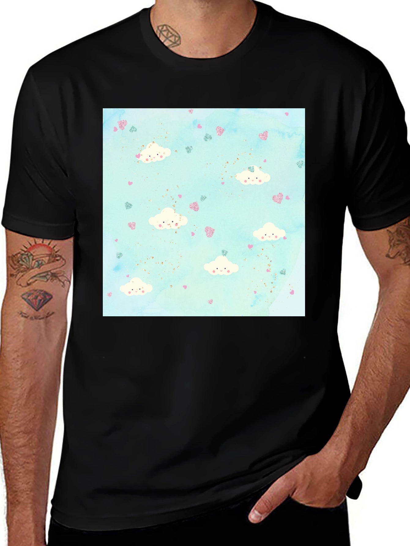 Cloud Heart Pattern Tee - Fun Stylish Black T-Shirt