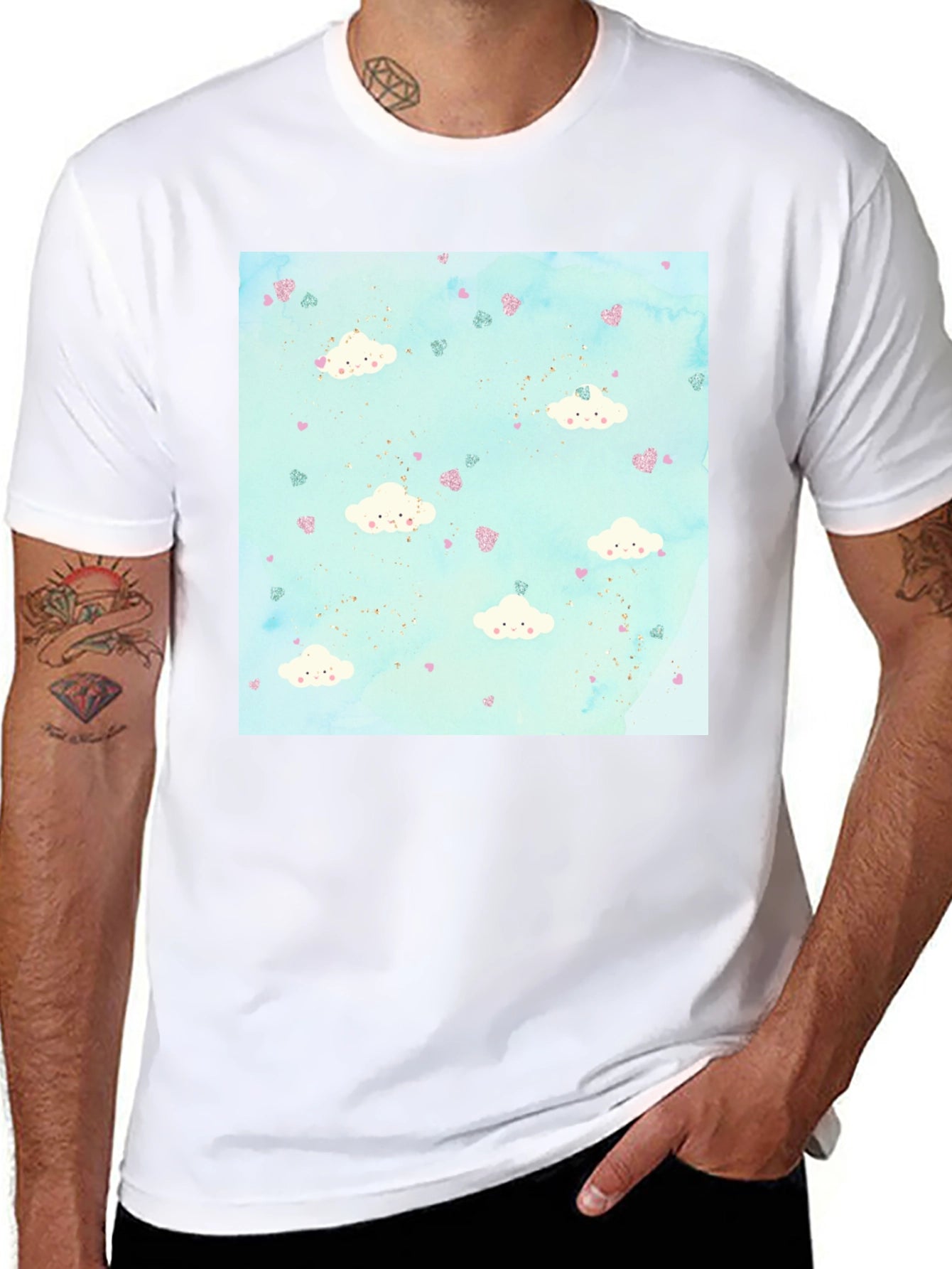 Cloud Heart Pattern Tee - Fun Stylish Black T-Shirt