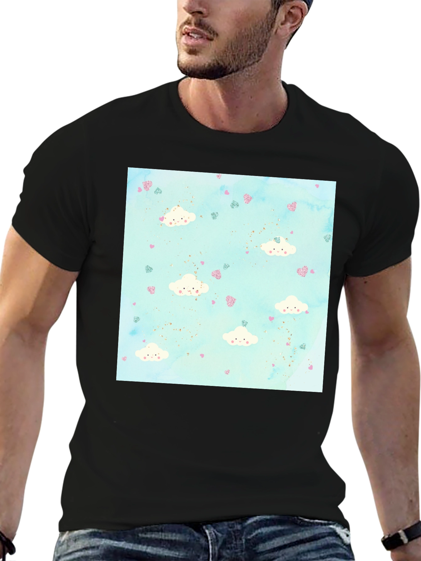 Cloud Heart Pattern Tee - Fun Stylish Black T-Shirt
