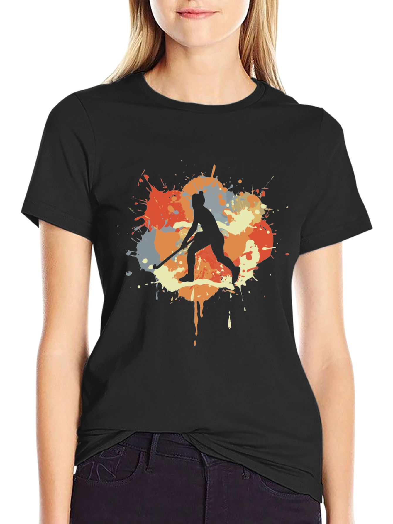 Hockey Player Paint Splatter Graphic T-Shirt