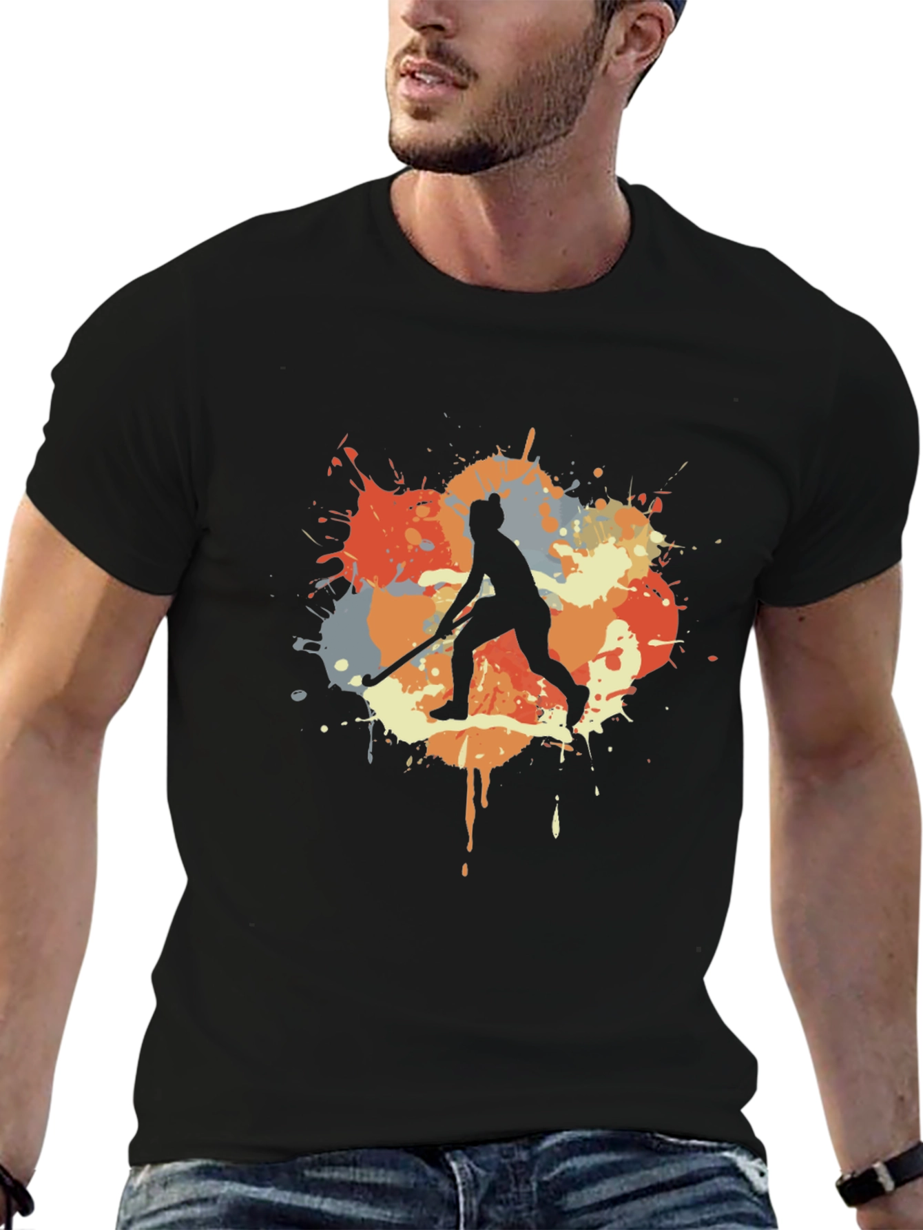 Hockey Player Paint Splatter Graphic T-Shirt