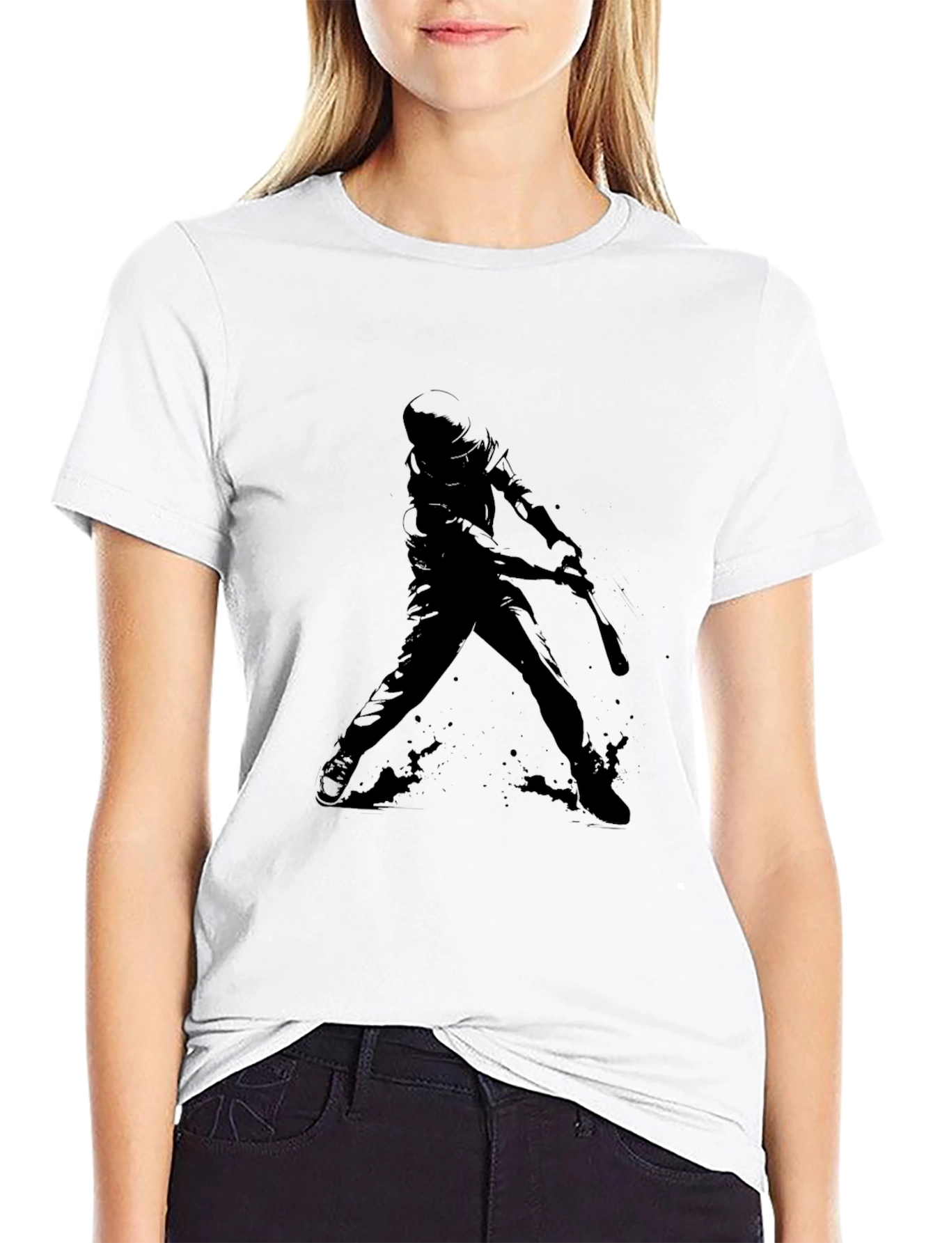 Baseball Player Silhouette Graphic Tee - Black Cotton Shirt