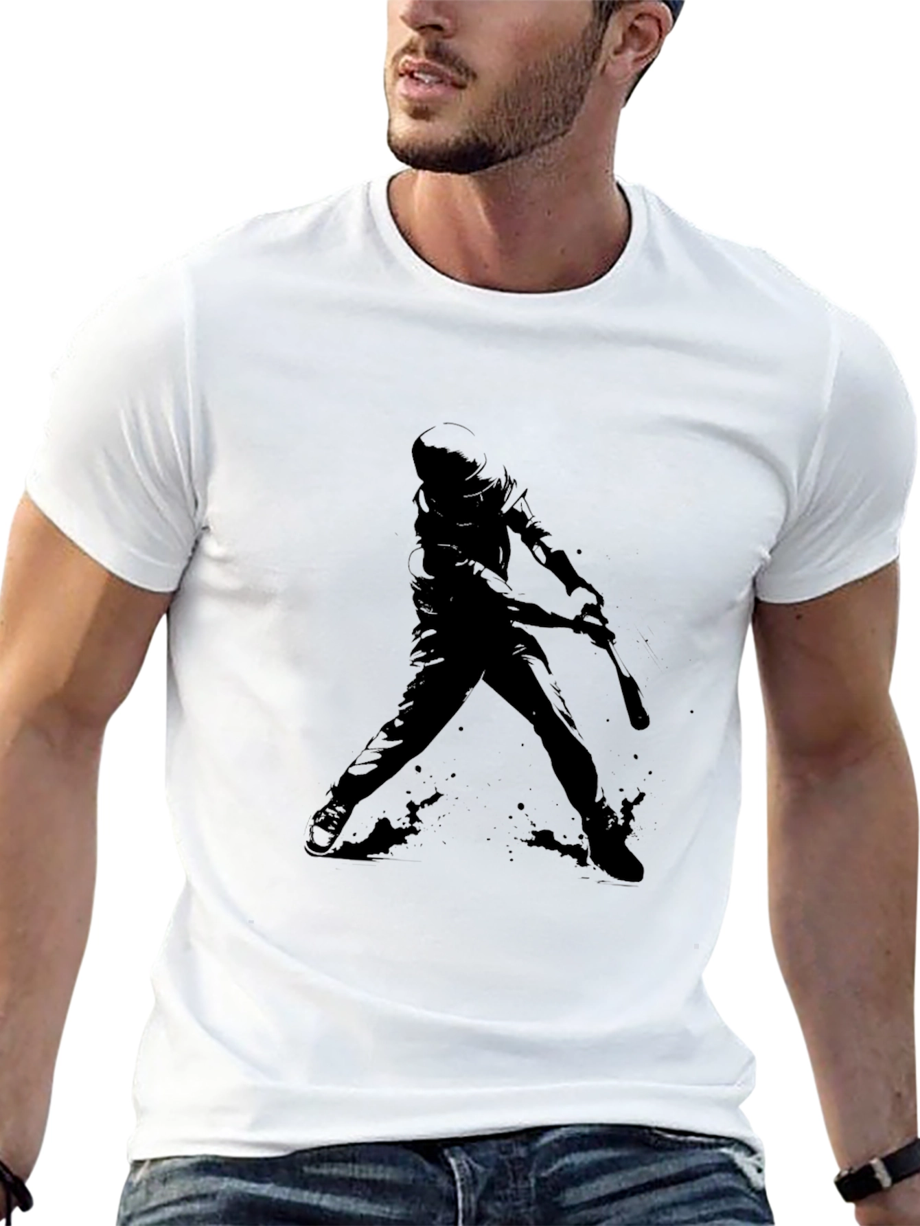 Baseball Player Silhouette Graphic Tee - Black Cotton Shirt