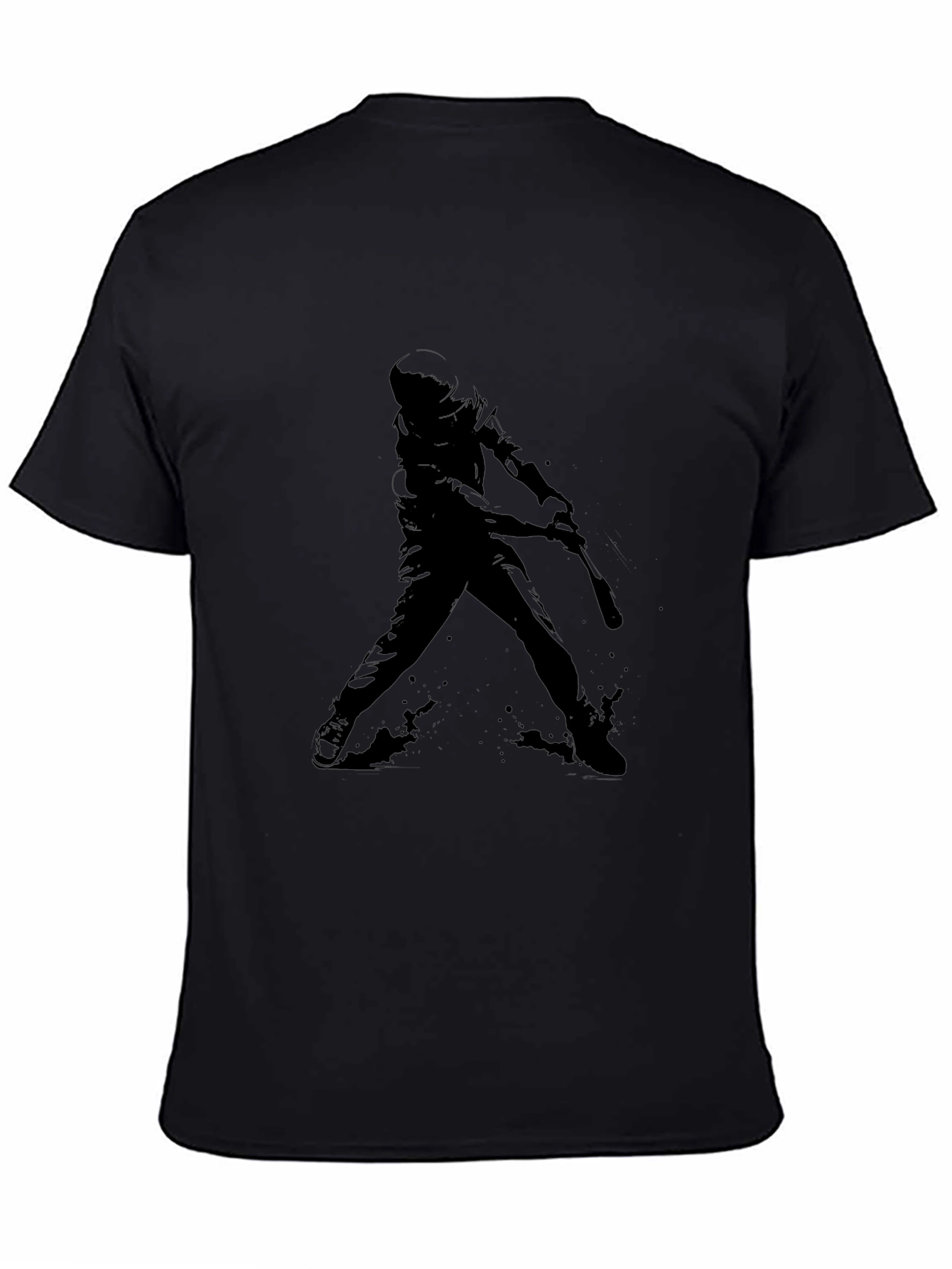 Baseball Player Silhouette Graphic Tee - Black Cotton Shirt