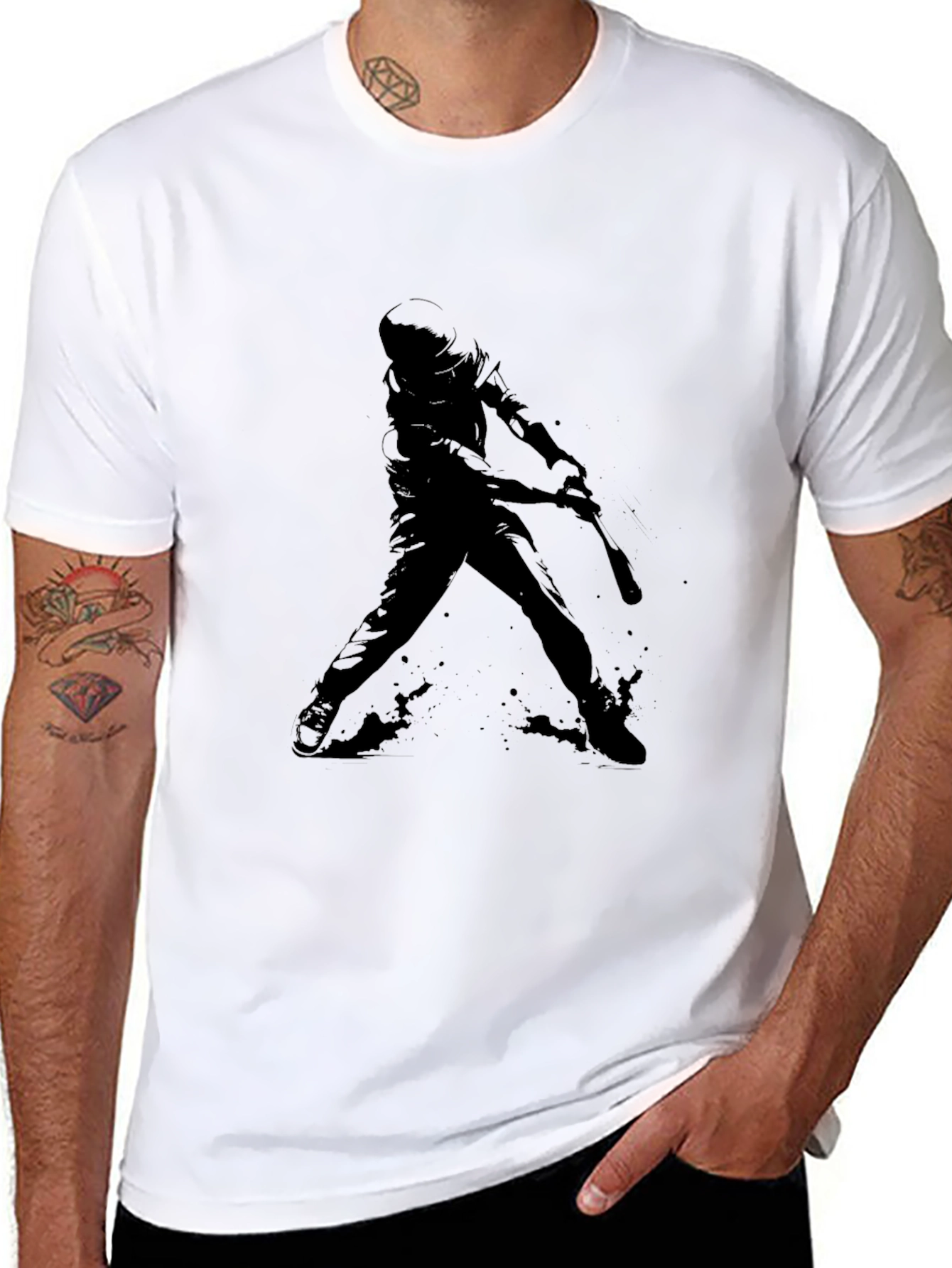 Baseball Player Silhouette Graphic Tee - Black Cotton Shirt