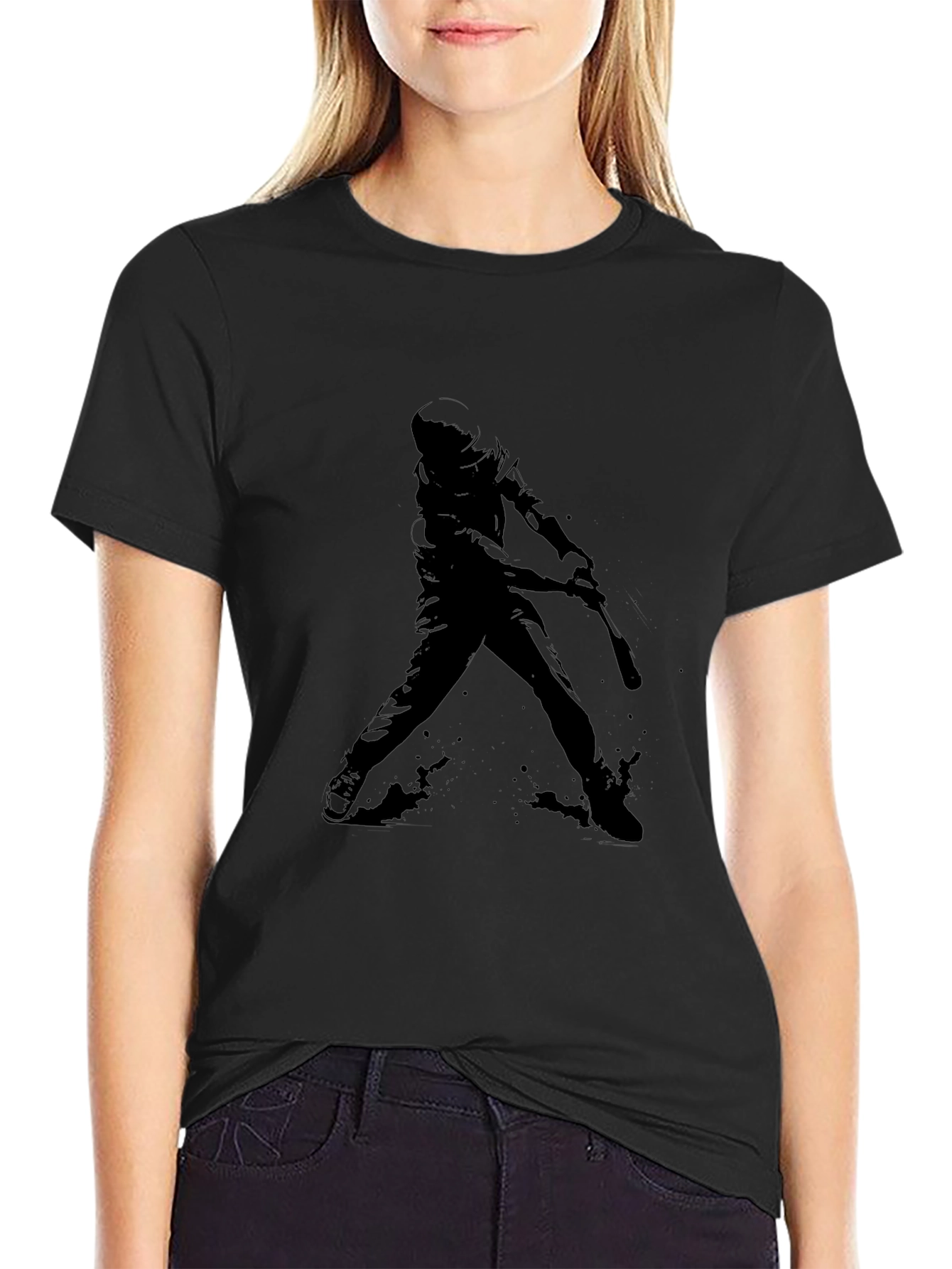 Baseball Player Silhouette Graphic Tee - Black Cotton Shirt