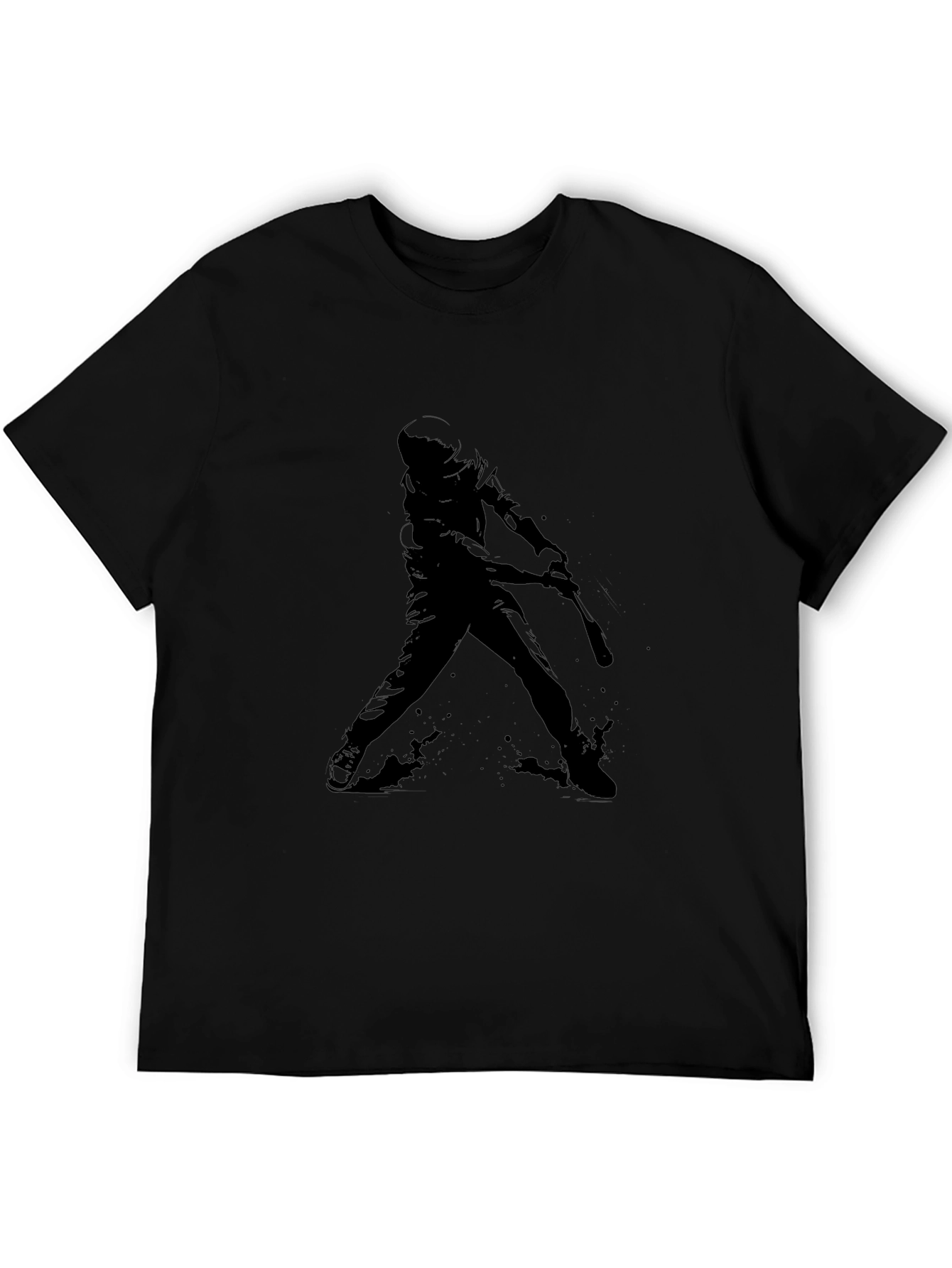 Baseball Player Silhouette Graphic Tee - Black Cotton Shirt