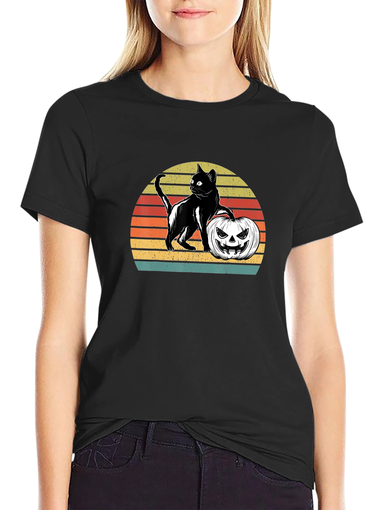 Halloween Cat Pumpkin Retro T-Shirt