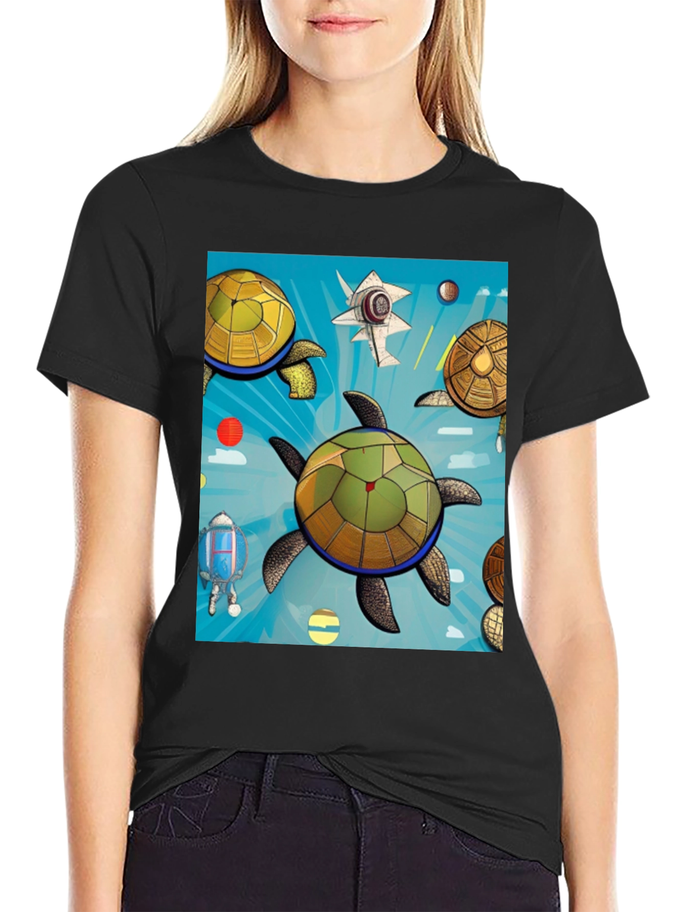 Space Turtle Graphic Tee - Premium Black Cotton