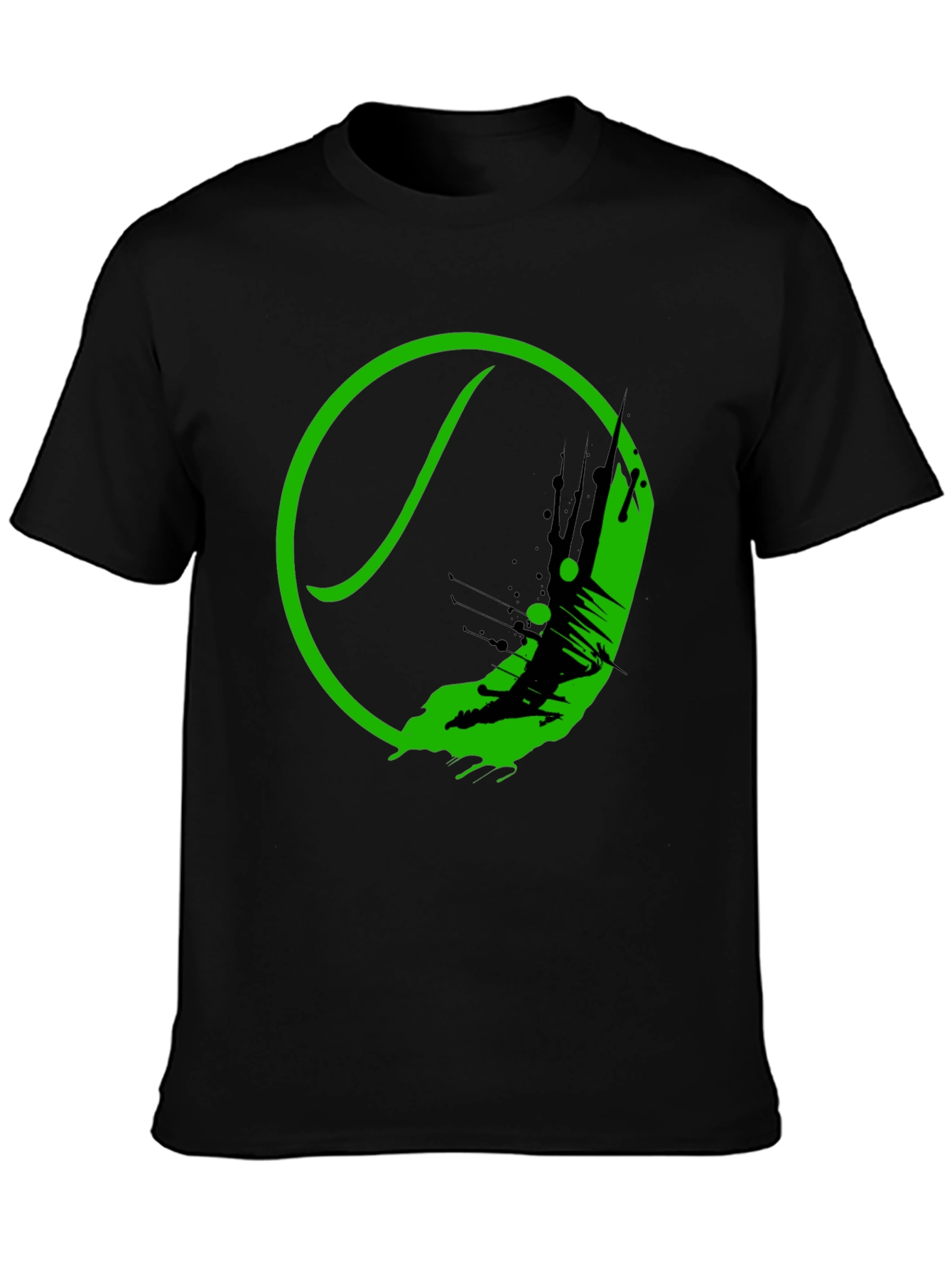 Green Tennis Ball Splash Graphic Black T-Shirt