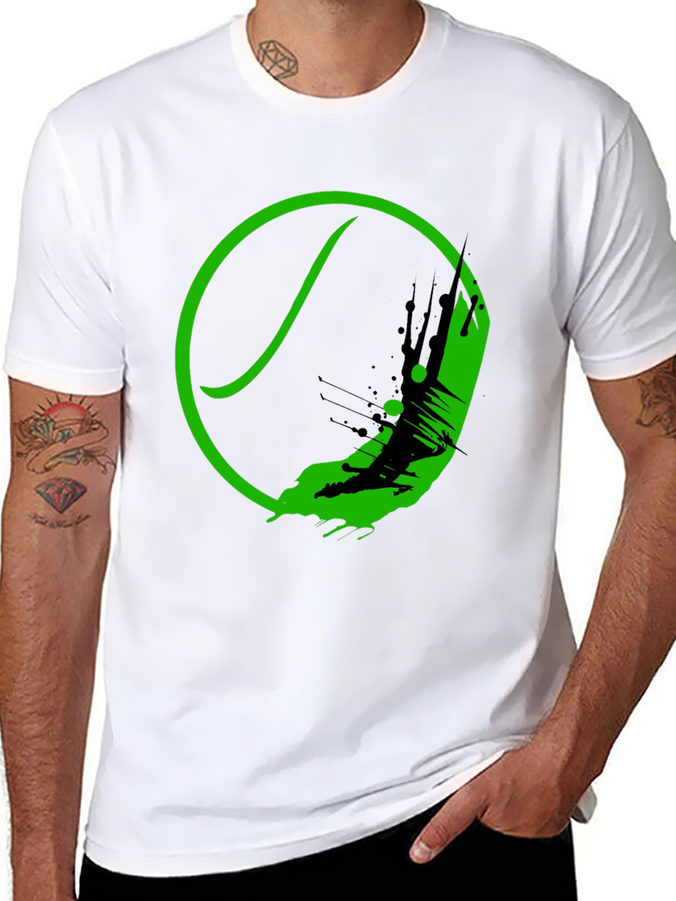 Green Tennis Ball Splash Graphic Black T-Shirt