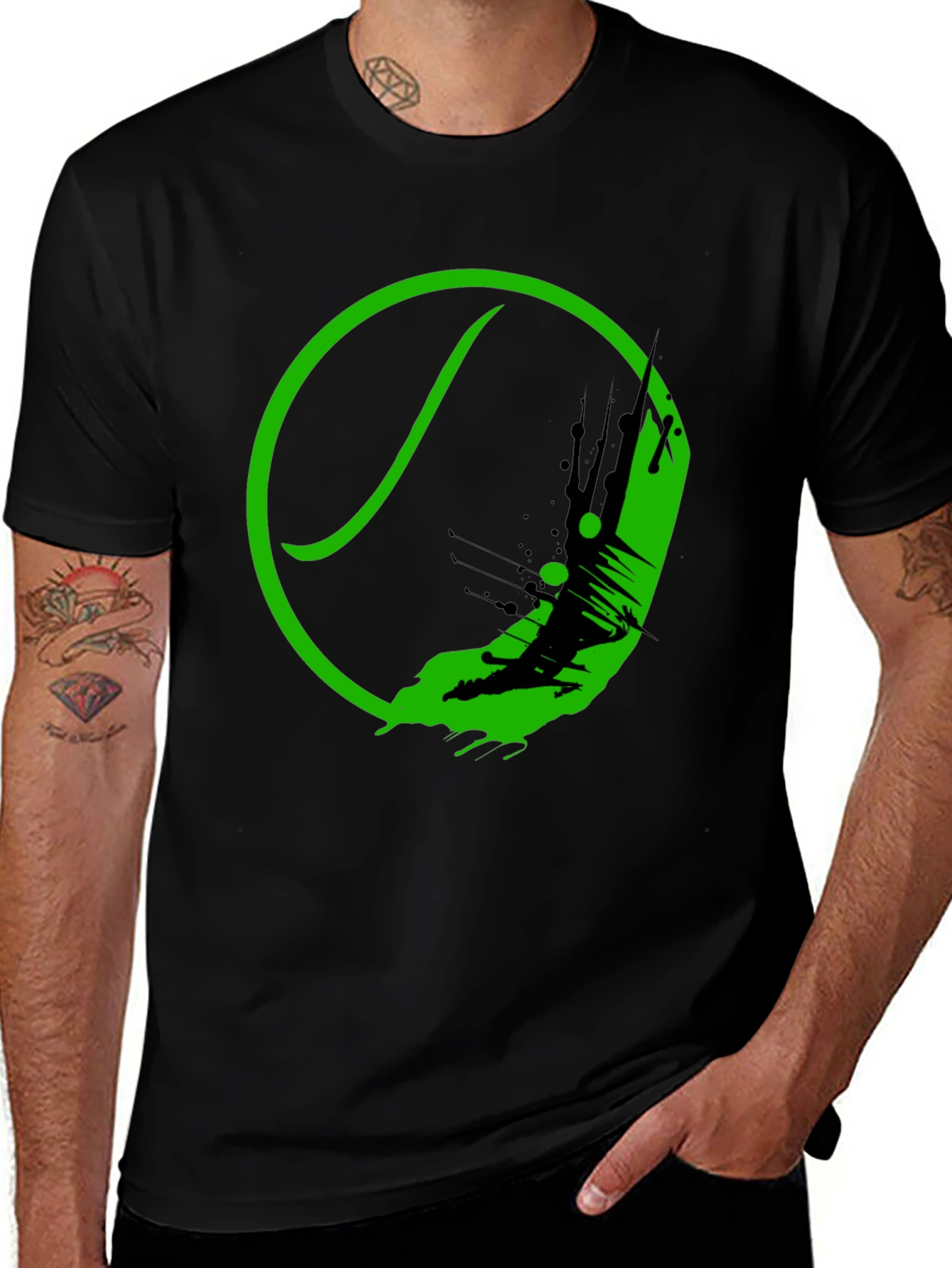 Green Tennis Ball Splash Graphic Black T-Shirt