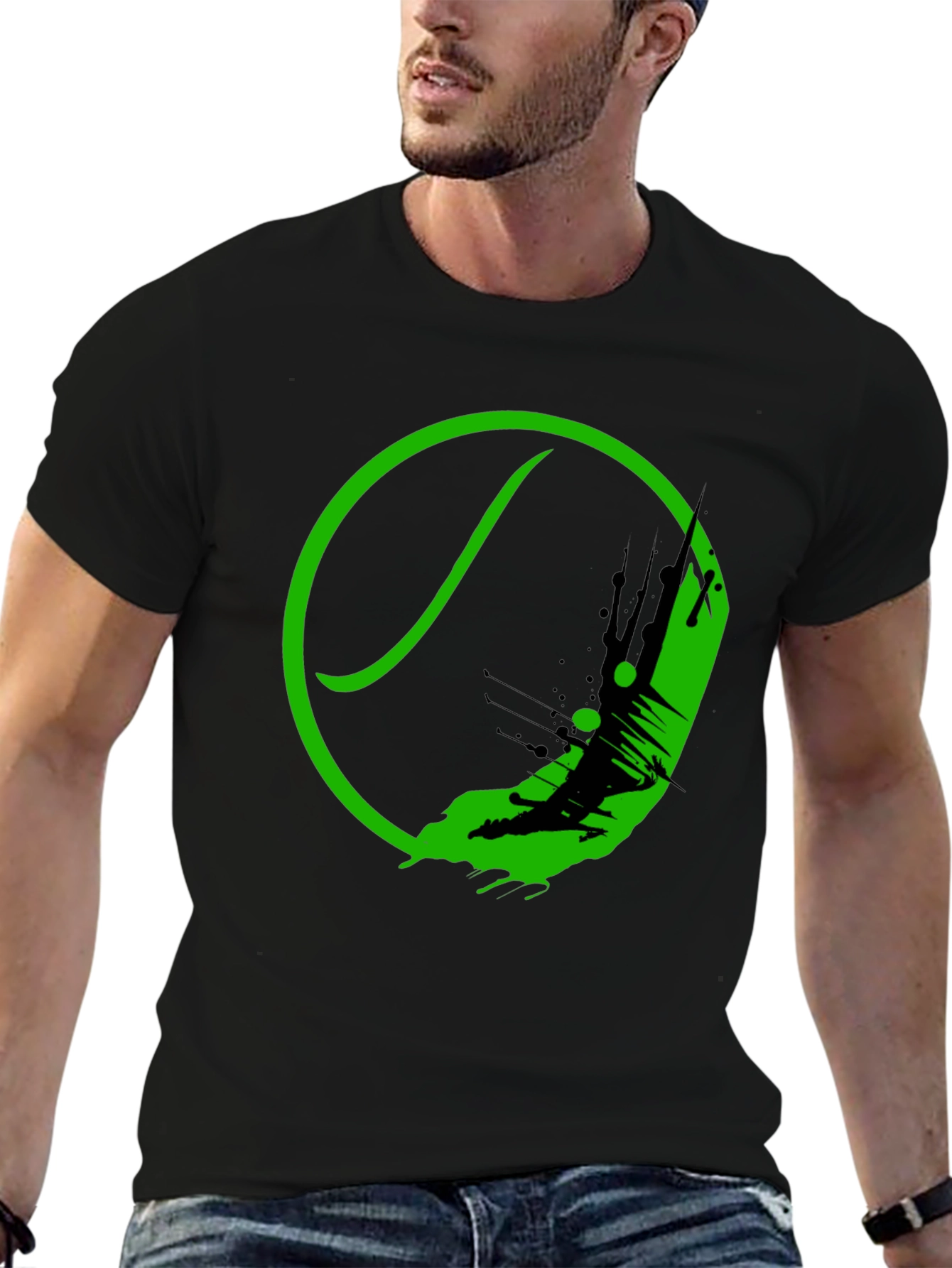Green Tennis Ball Splash Graphic Black T-Shirt
