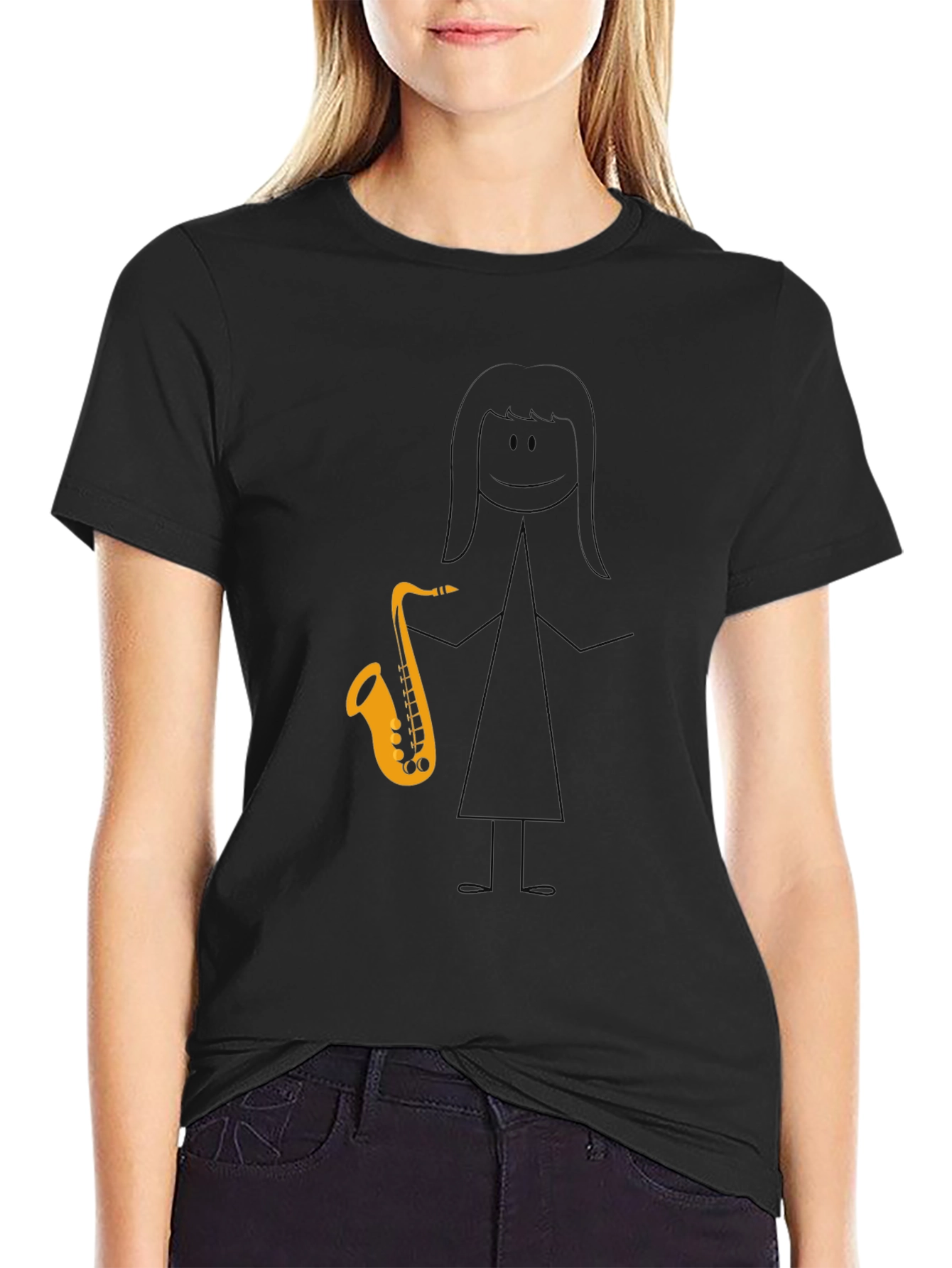 Saxophone Stick Figure Graphic Tee - Black Cotton Blend