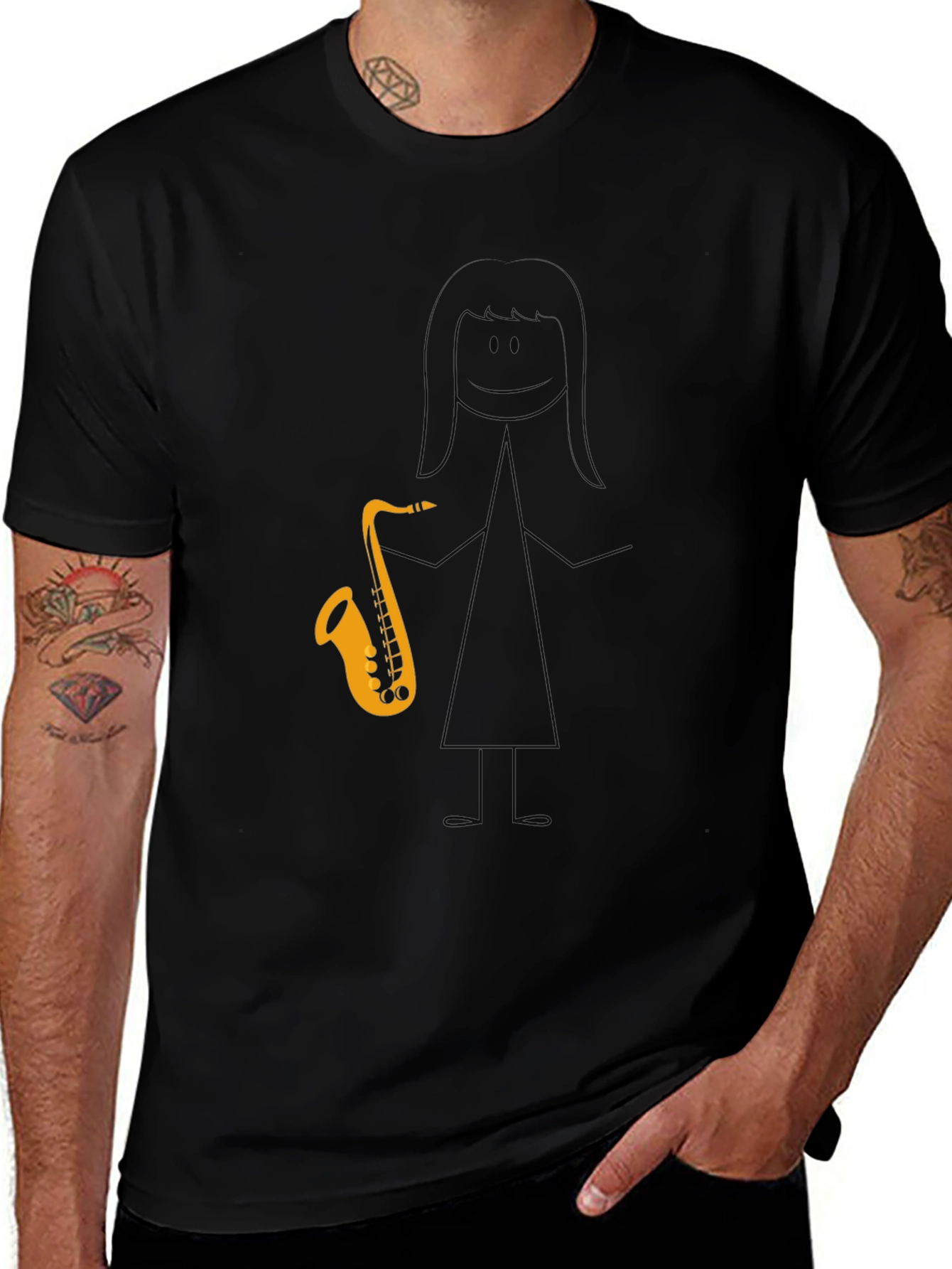 Saxophone Stick Figure Graphic Tee - Black Cotton Blend