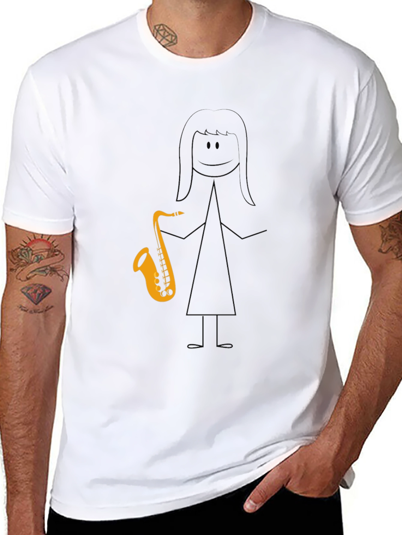 Saxophone Stick Figure Graphic Tee - Black Cotton Blend