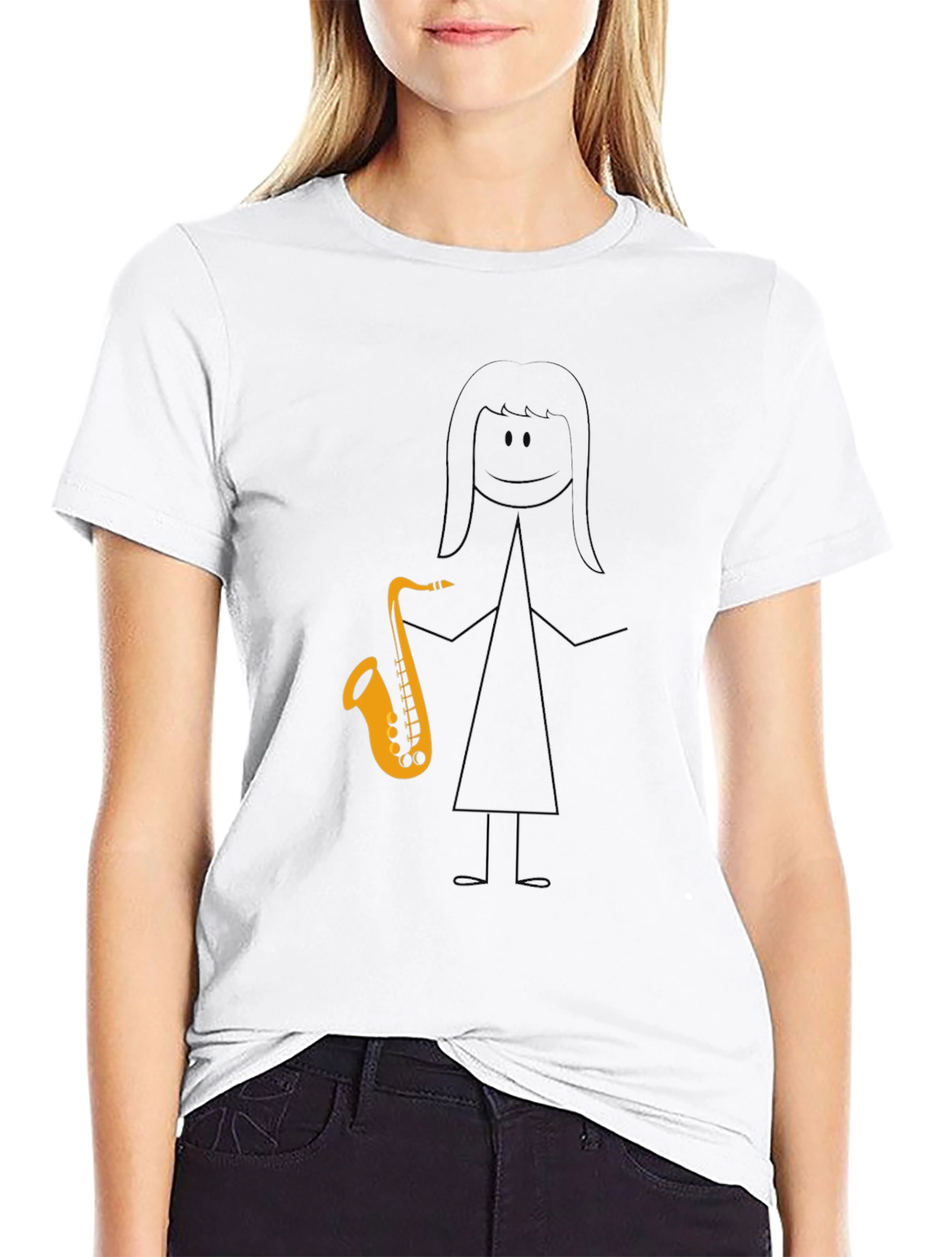 Saxophone Stick Figure Graphic Tee - Black Cotton Blend