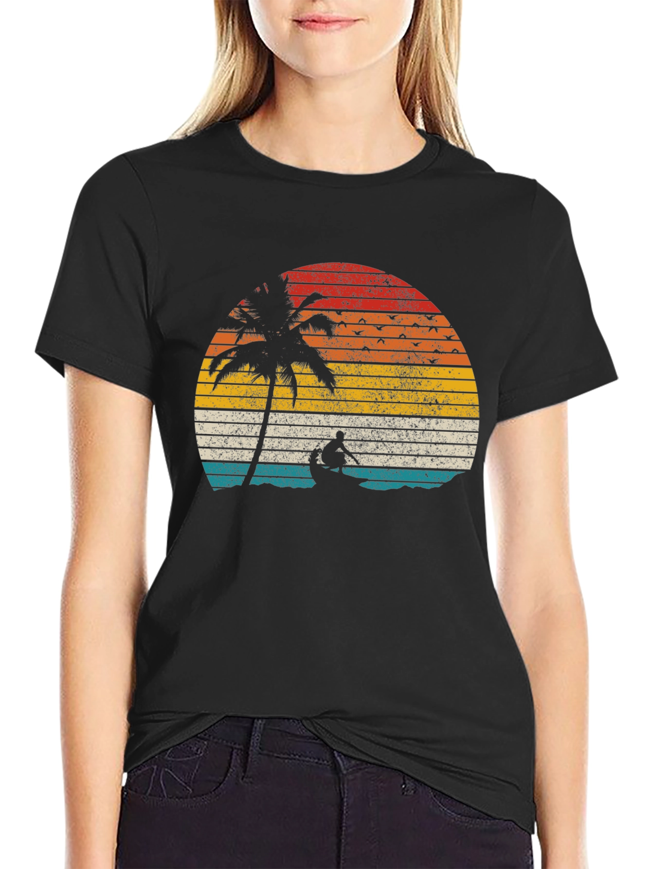 Retro Sunset Palm Tree Canoe T-Shirt