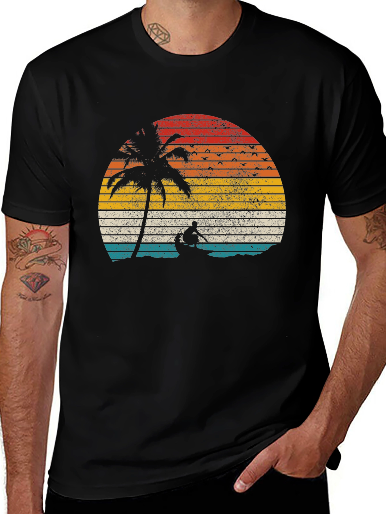 Retro Sunset Palm Tree Canoe T-Shirt