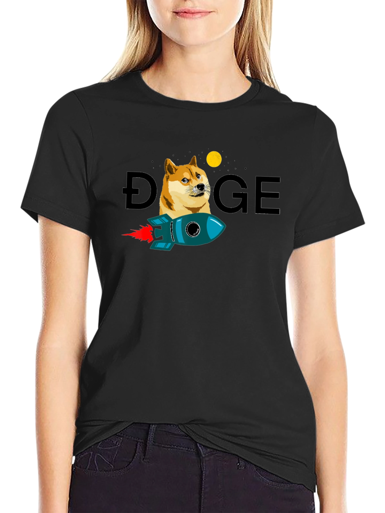 Doge to the Moon Black T-Shirt - Crypto Rocket