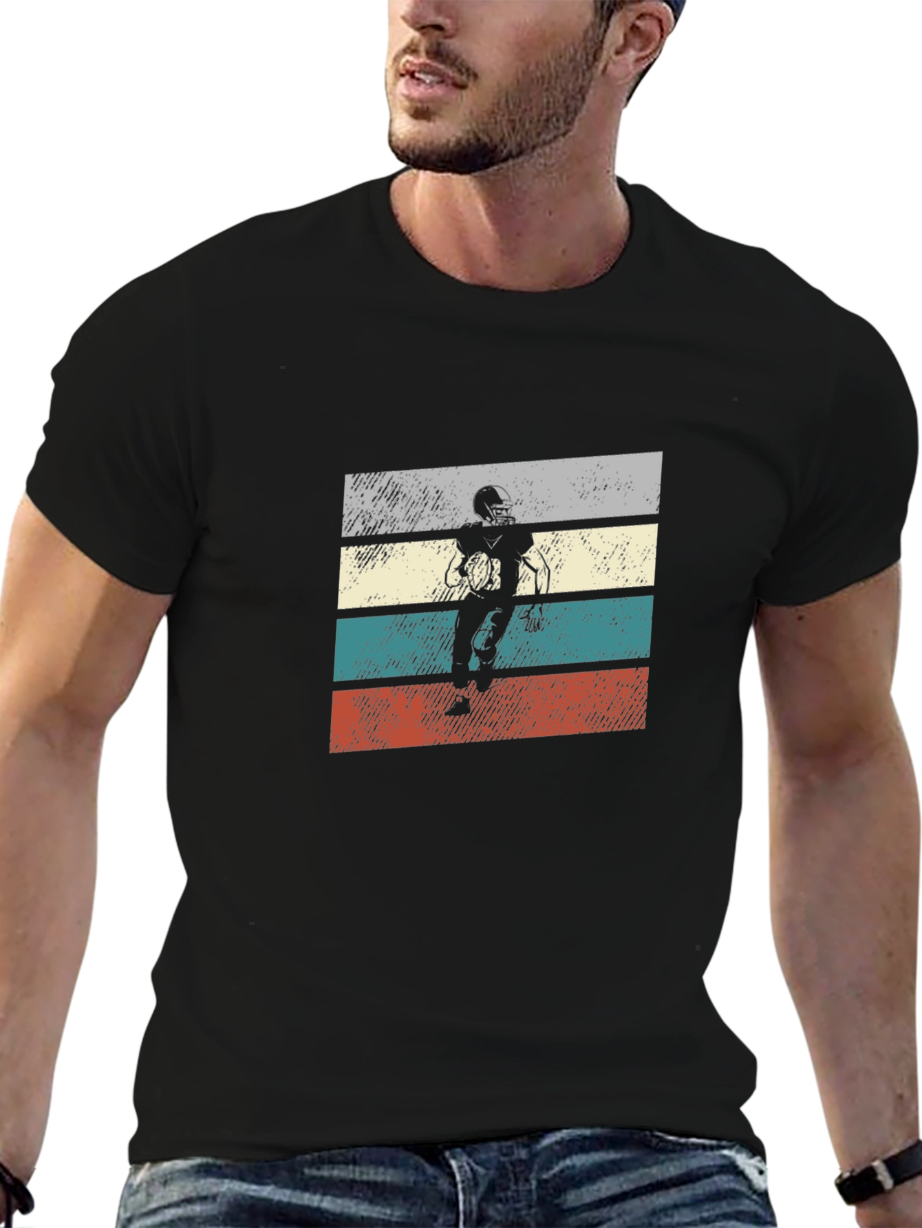 Retro Football Player Graphic Tee - Black