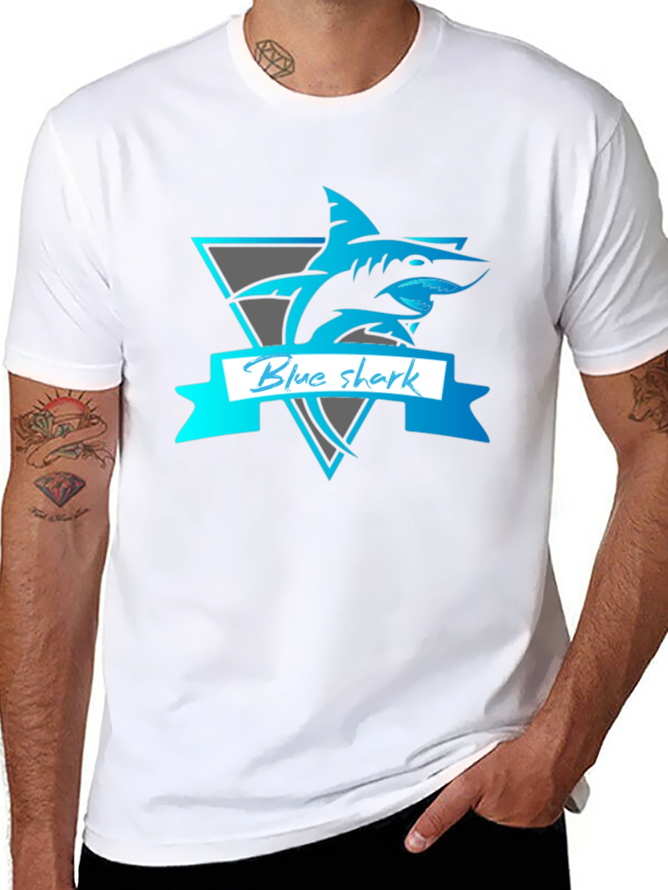 Blue Shark Graphic Tee - Stylish Mens Black T-Shirt
