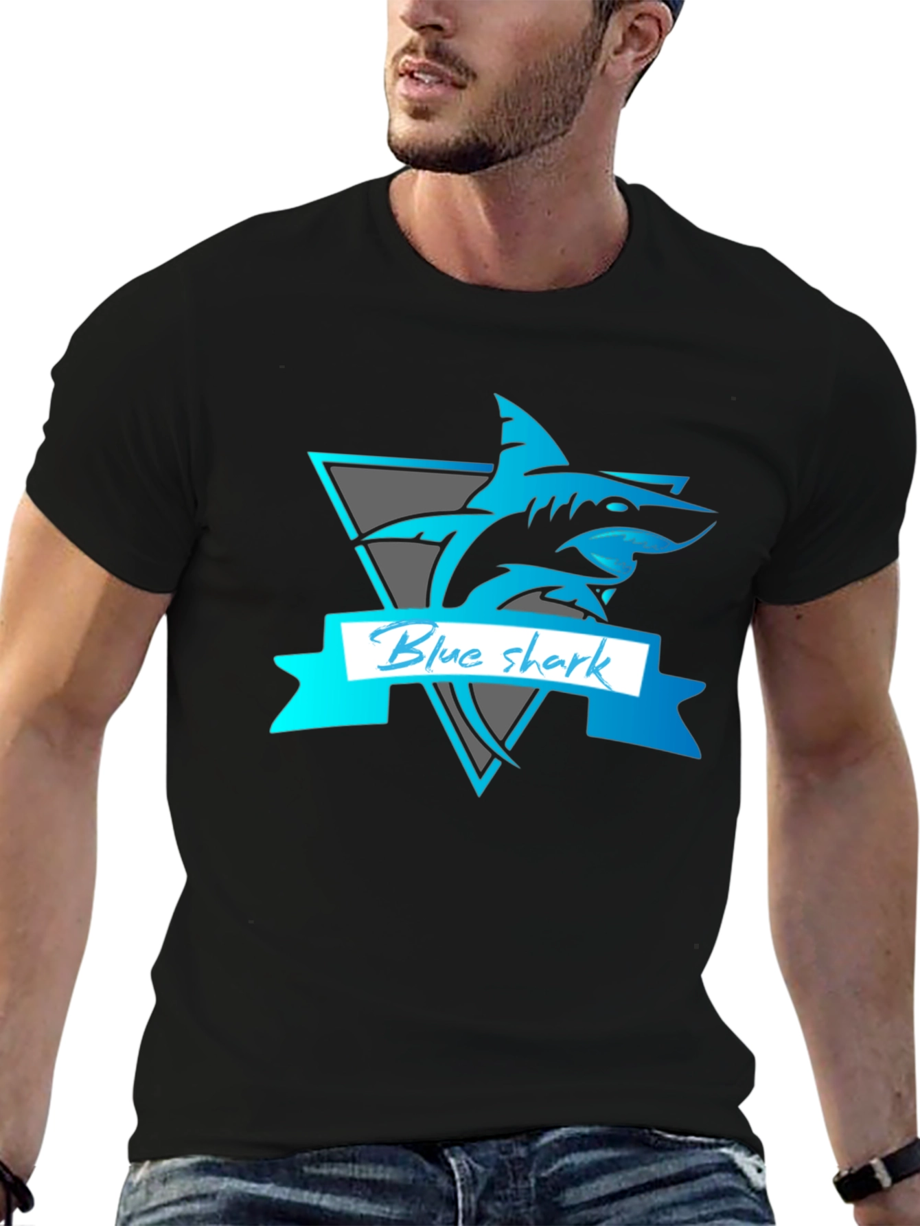 Blue Shark Graphic Tee - Stylish Mens Black T-Shirt