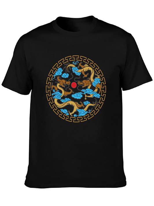 Dragon Circle Graphic Print Black T-Shirt