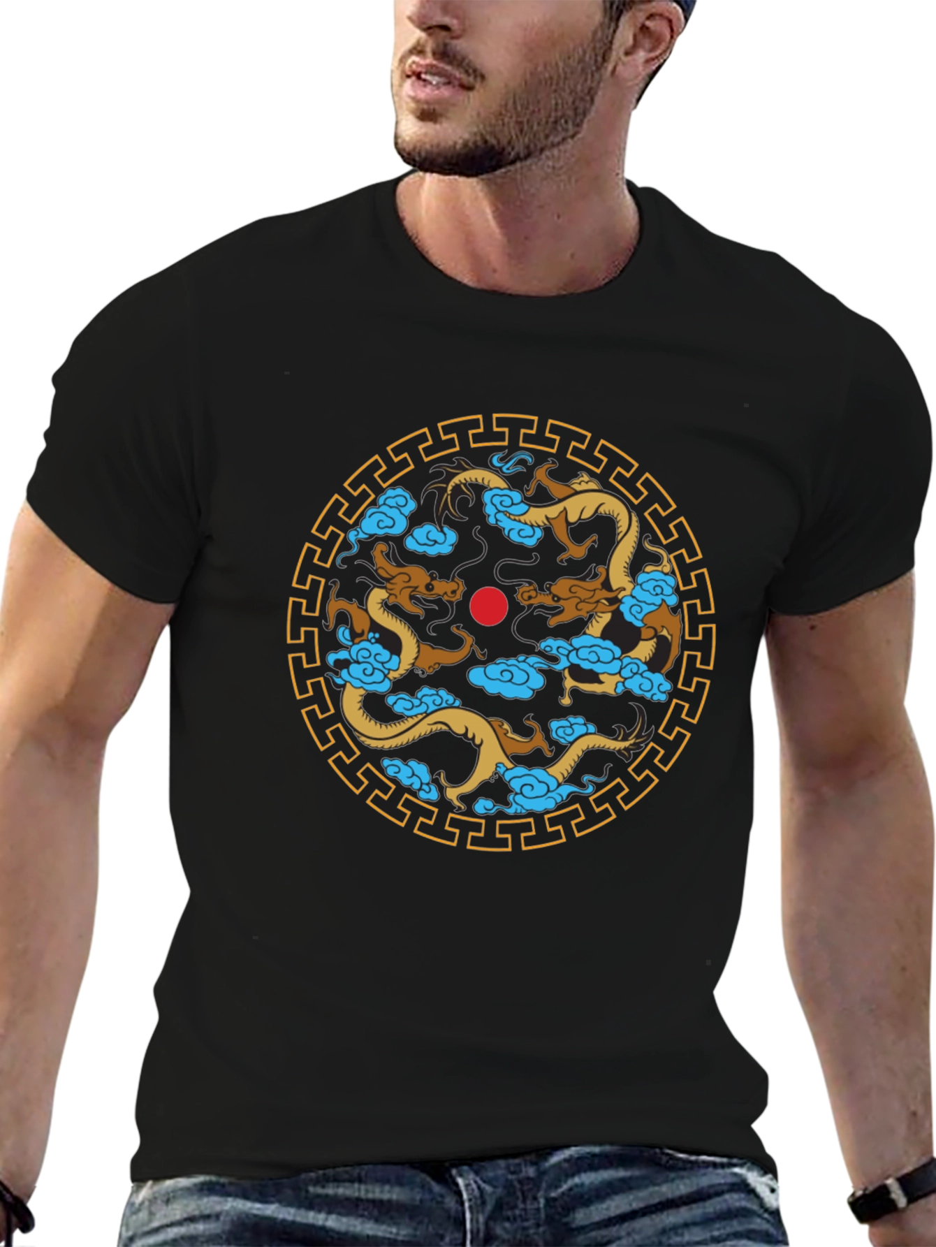 Dragon Circle Graphic Print Black T-Shirt
