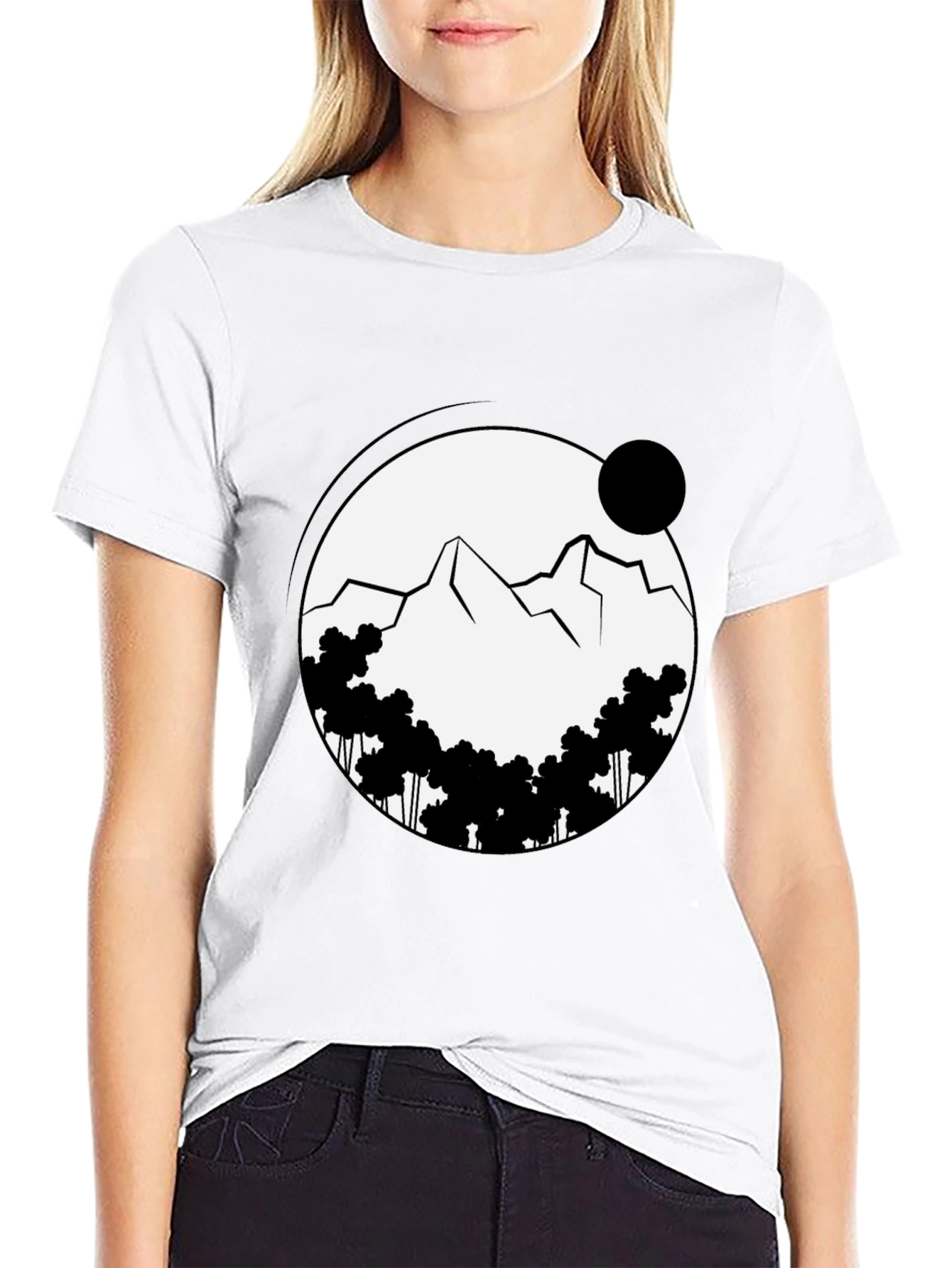 Black Graphic Tee: Mountain Scene in Circle