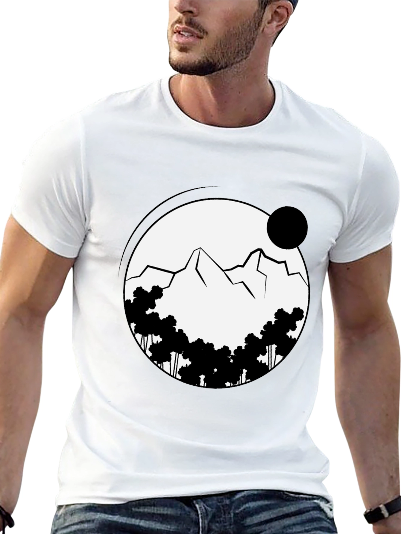 Black Graphic Tee: Mountain Scene in Circle