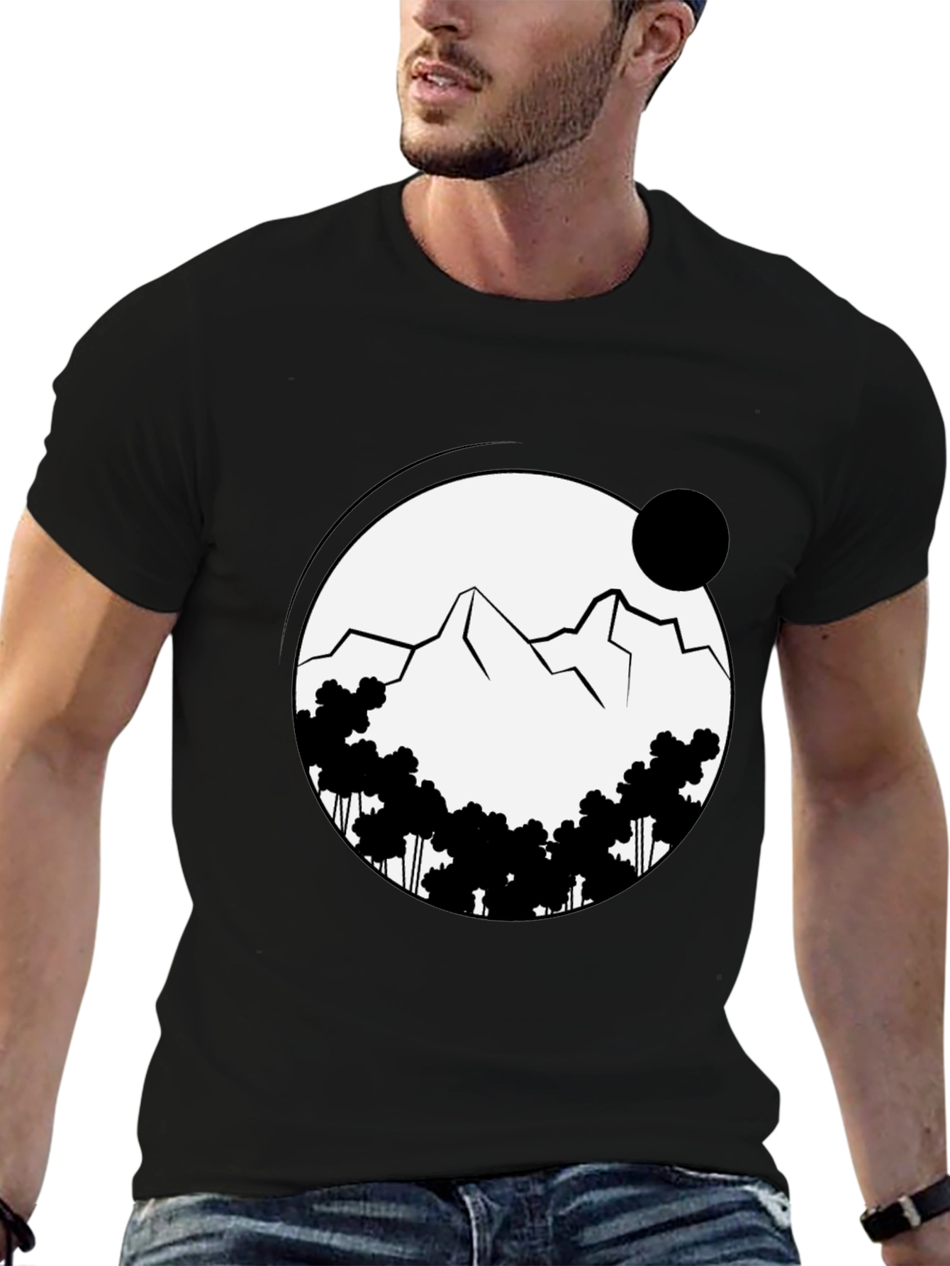 Black Graphic Tee: Mountain Scene in Circle