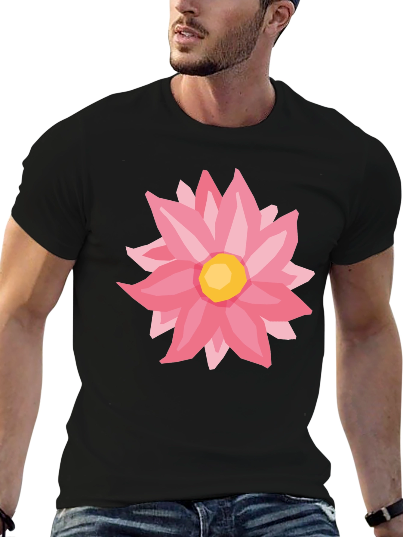 Pink Flower Graphic Black T-Shirt