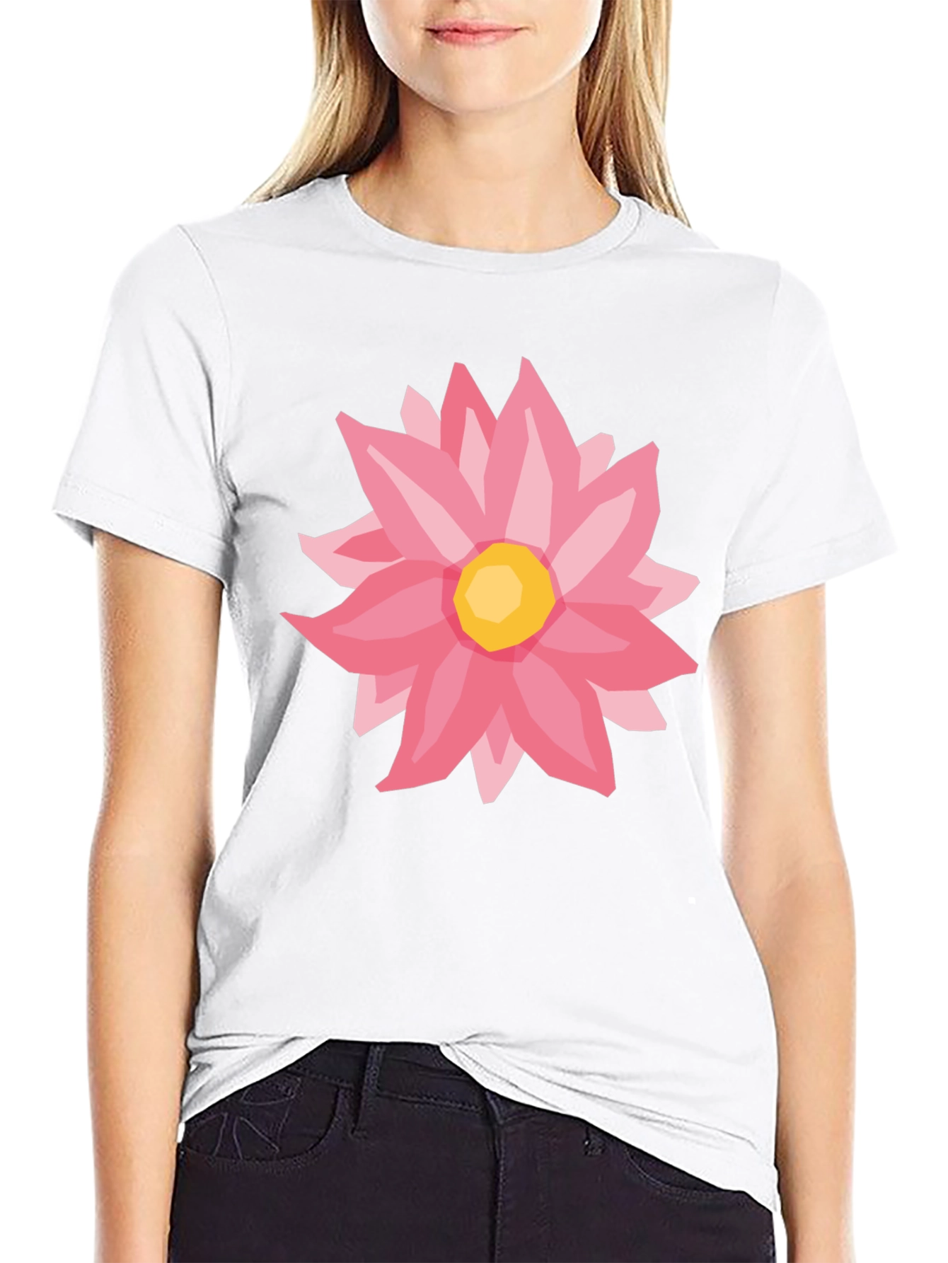 Pink Flower Graphic Black T-Shirt