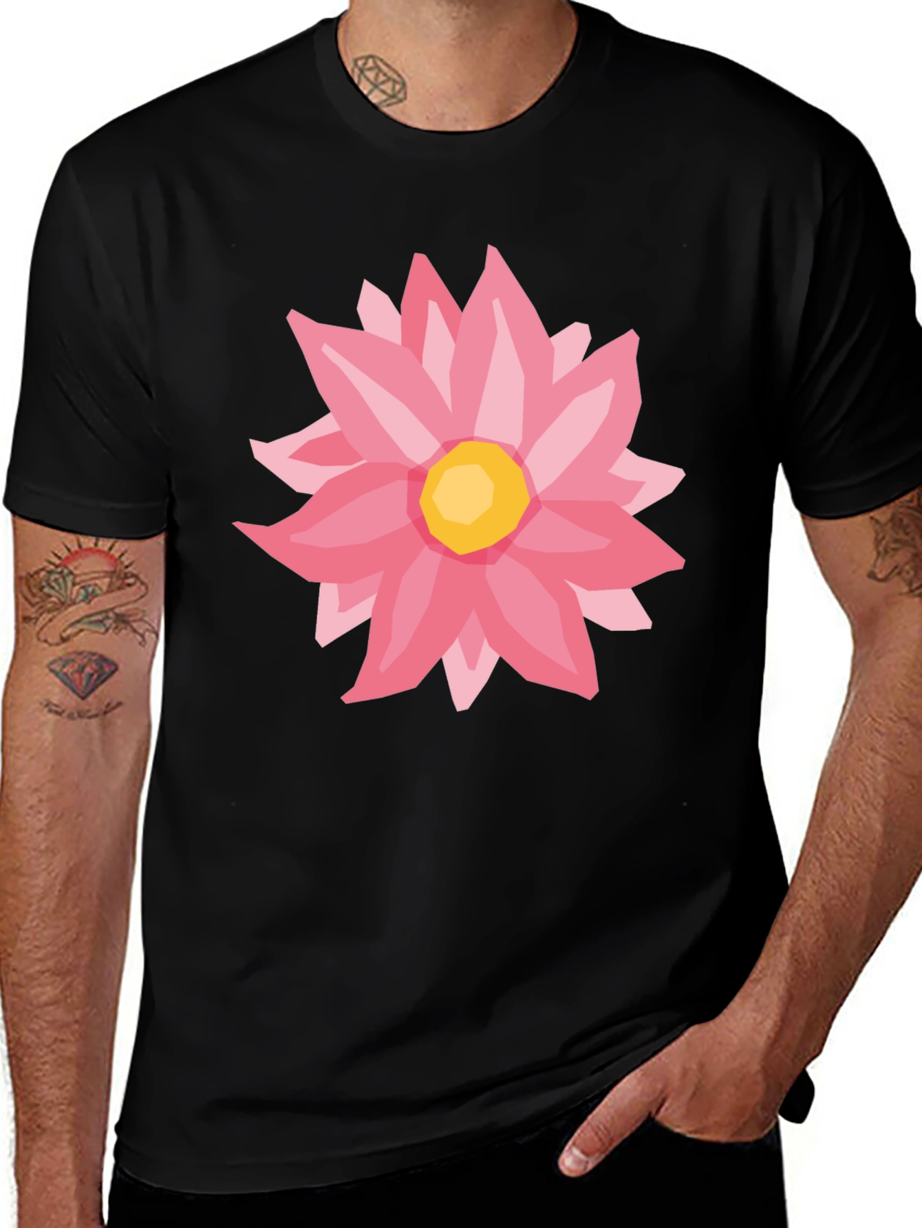 Pink Flower Graphic Black T-Shirt