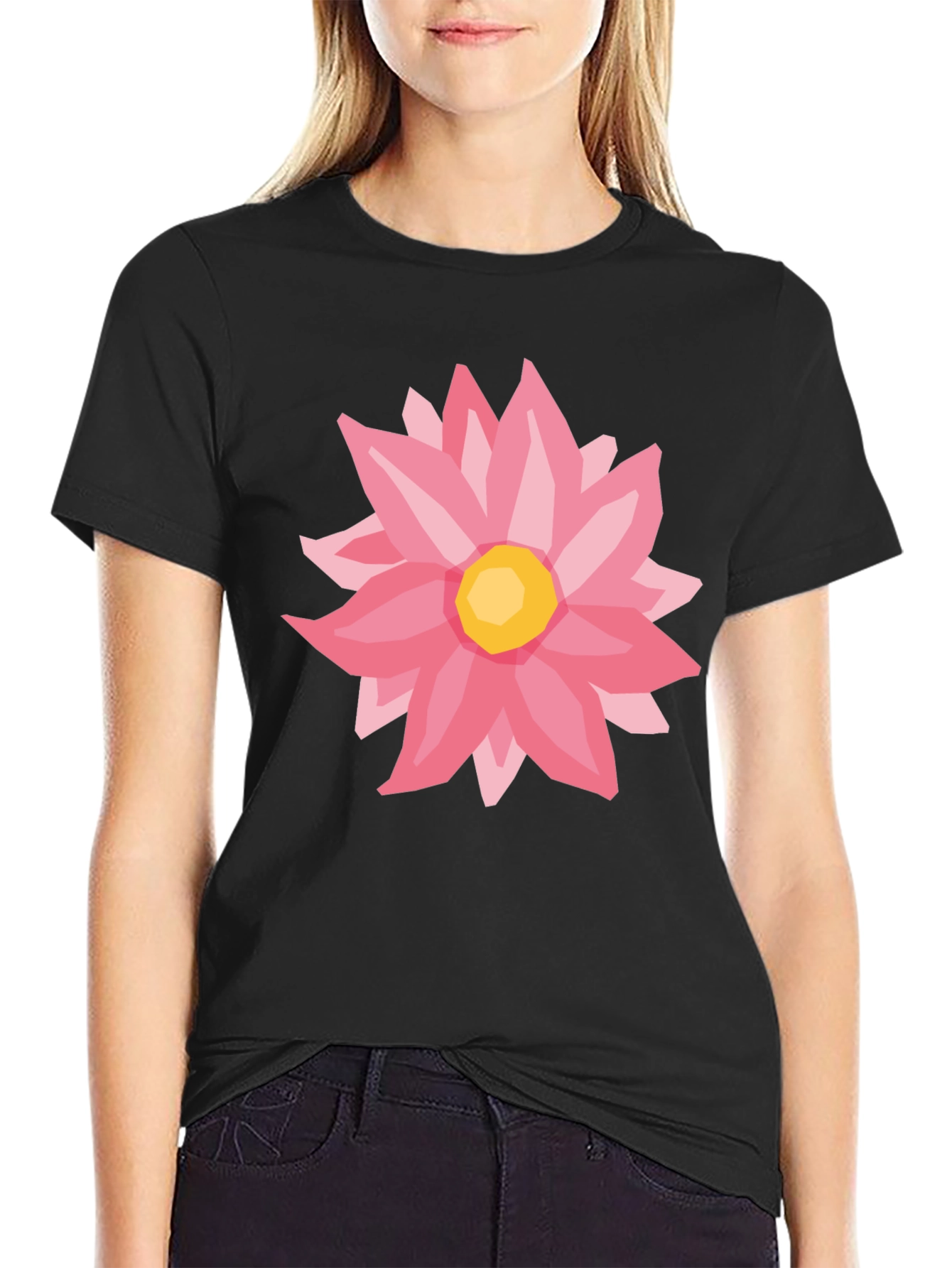 Pink Flower Graphic Black T-Shirt