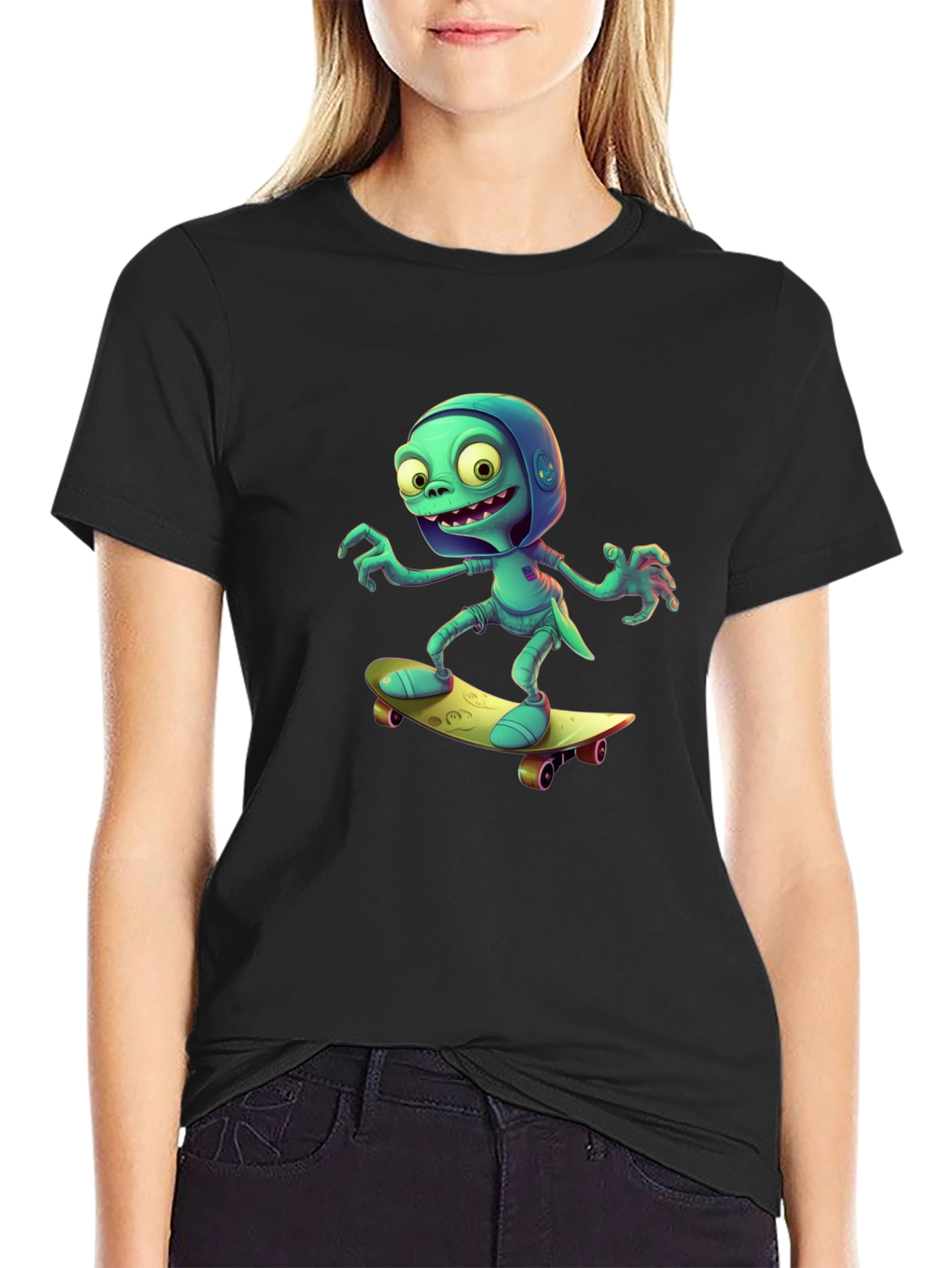 Cartoon Alien Skateboard Black Tee