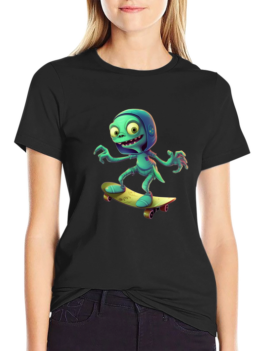Cartoon Alien Skateboard Black Tee