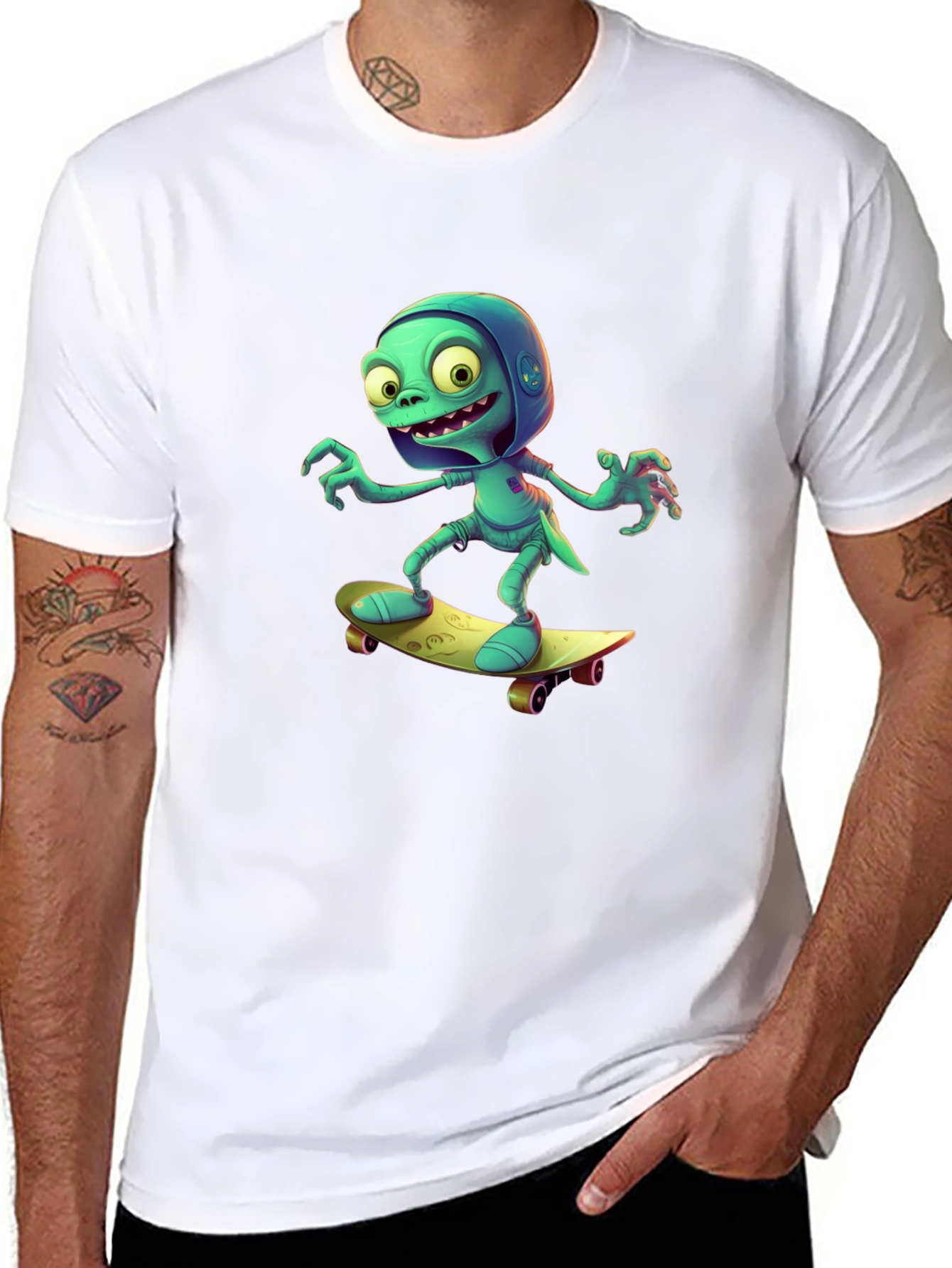 Cartoon Alien Skateboard Black Tee