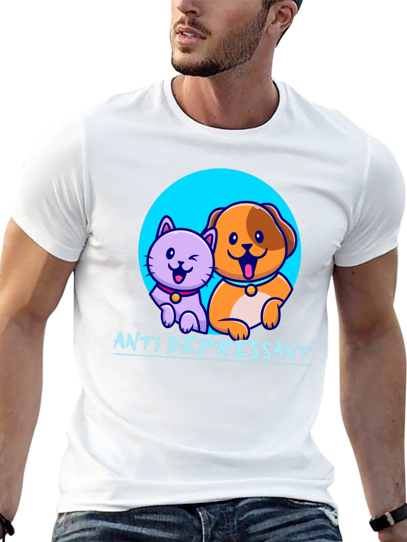 Anti Depressant Cat and Dog Graphic T-Shirt