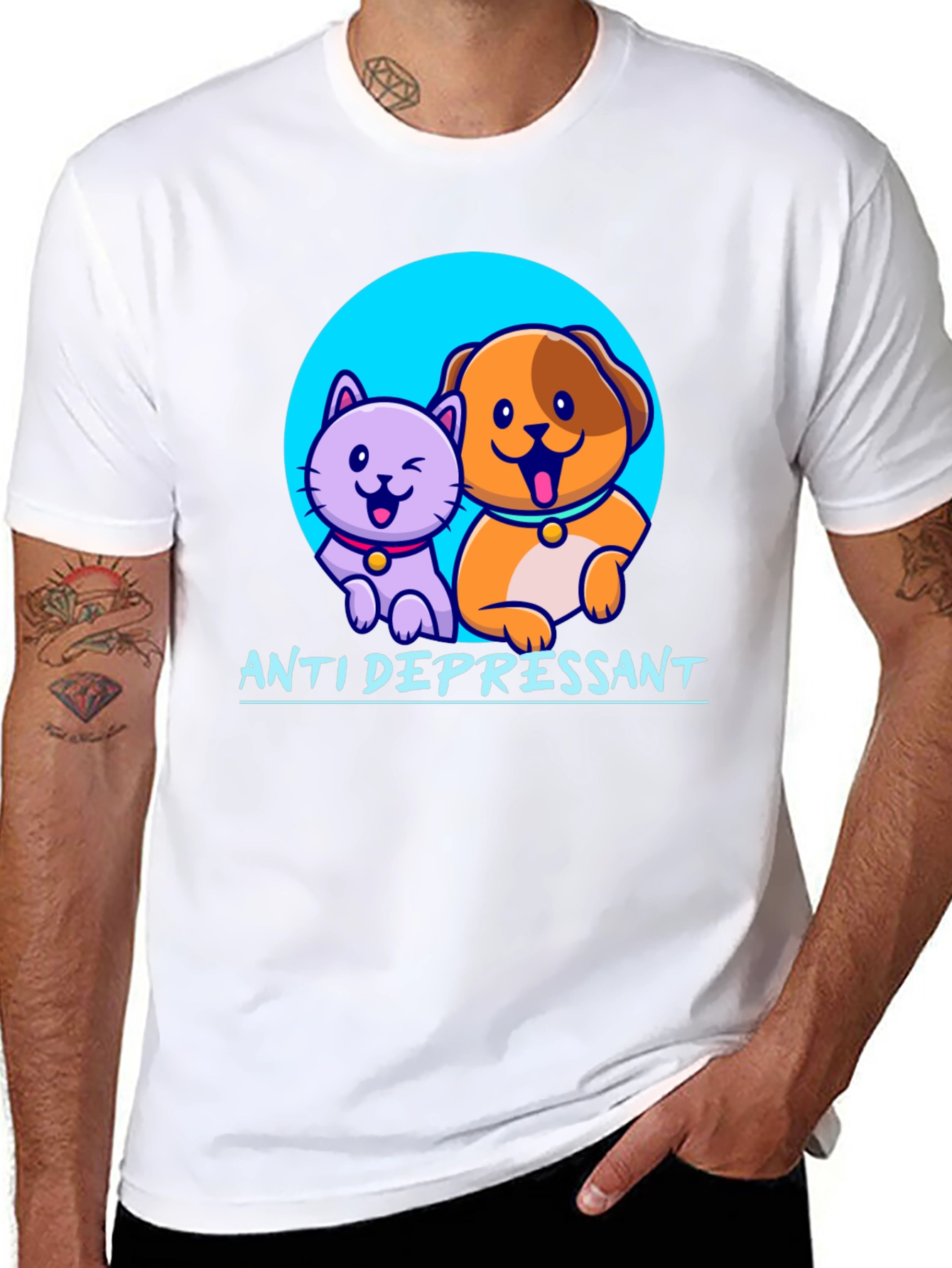 Anti Depressant Cat and Dog Graphic T-Shirt