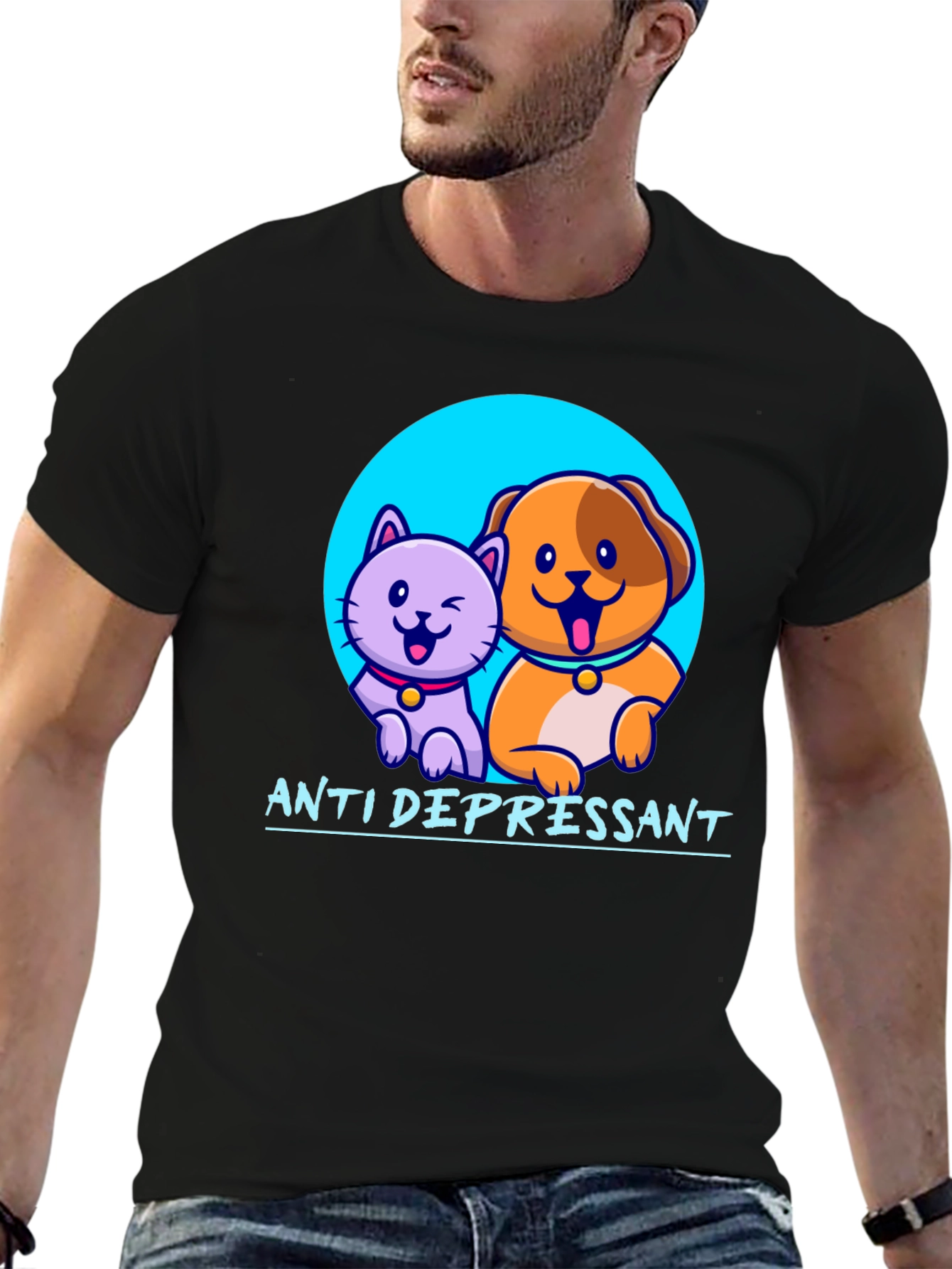 Anti Depressant Cat and Dog Graphic T-Shirt