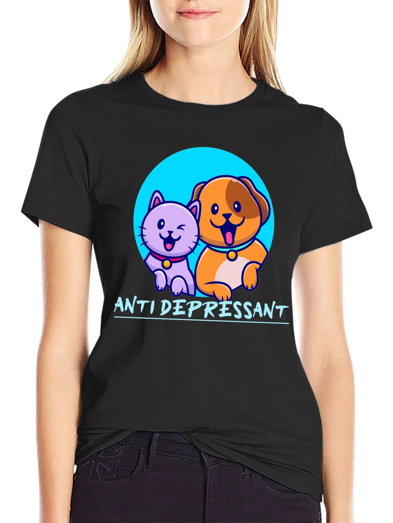 Anti Depressant Cat and Dog Graphic T-Shirt