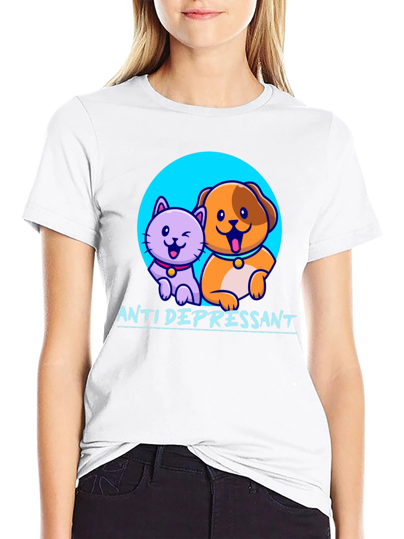 Anti Depressant Cat and Dog Graphic T-Shirt