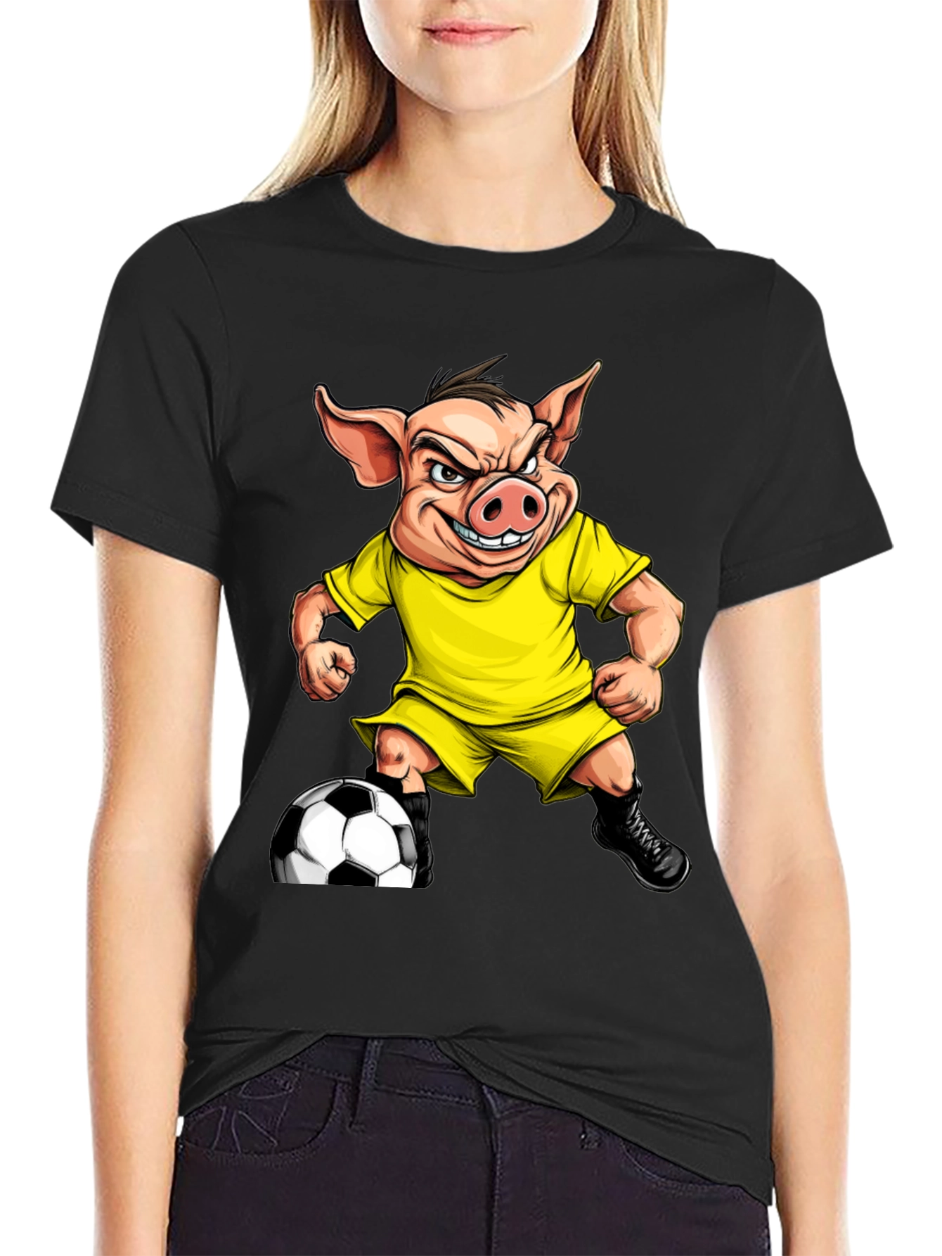 Angry Pig Soccer T-Shirt - Black Cotton