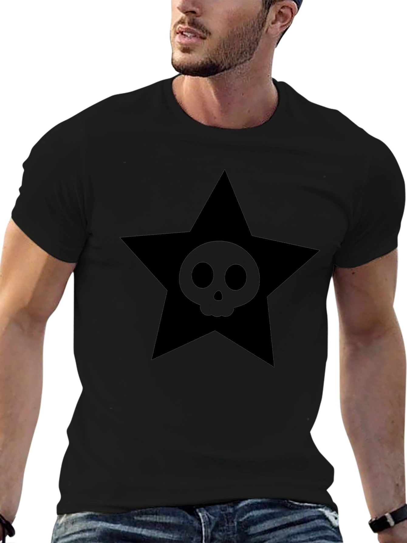 Edgy Star Skull Graphic Tee - Black